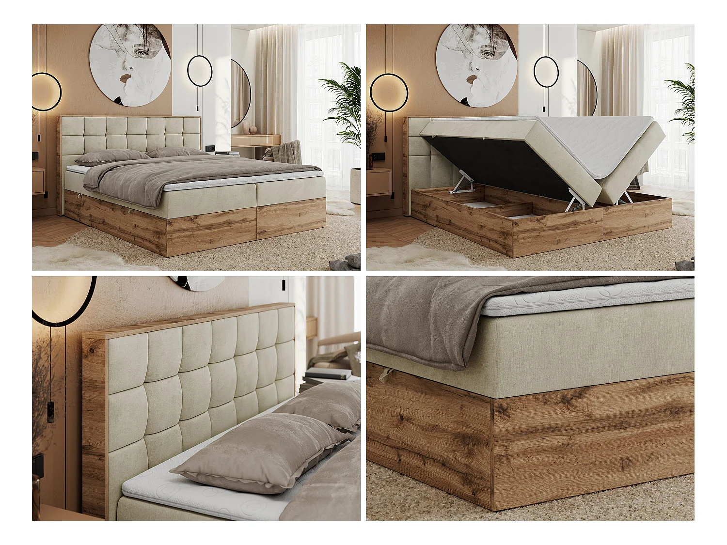 Boxspringbett ALBERO 1, Polsterbett mit gestepptem Kopfteil, Multipocket-Matratze - 160x200 cm - H4 - Beige Velvet