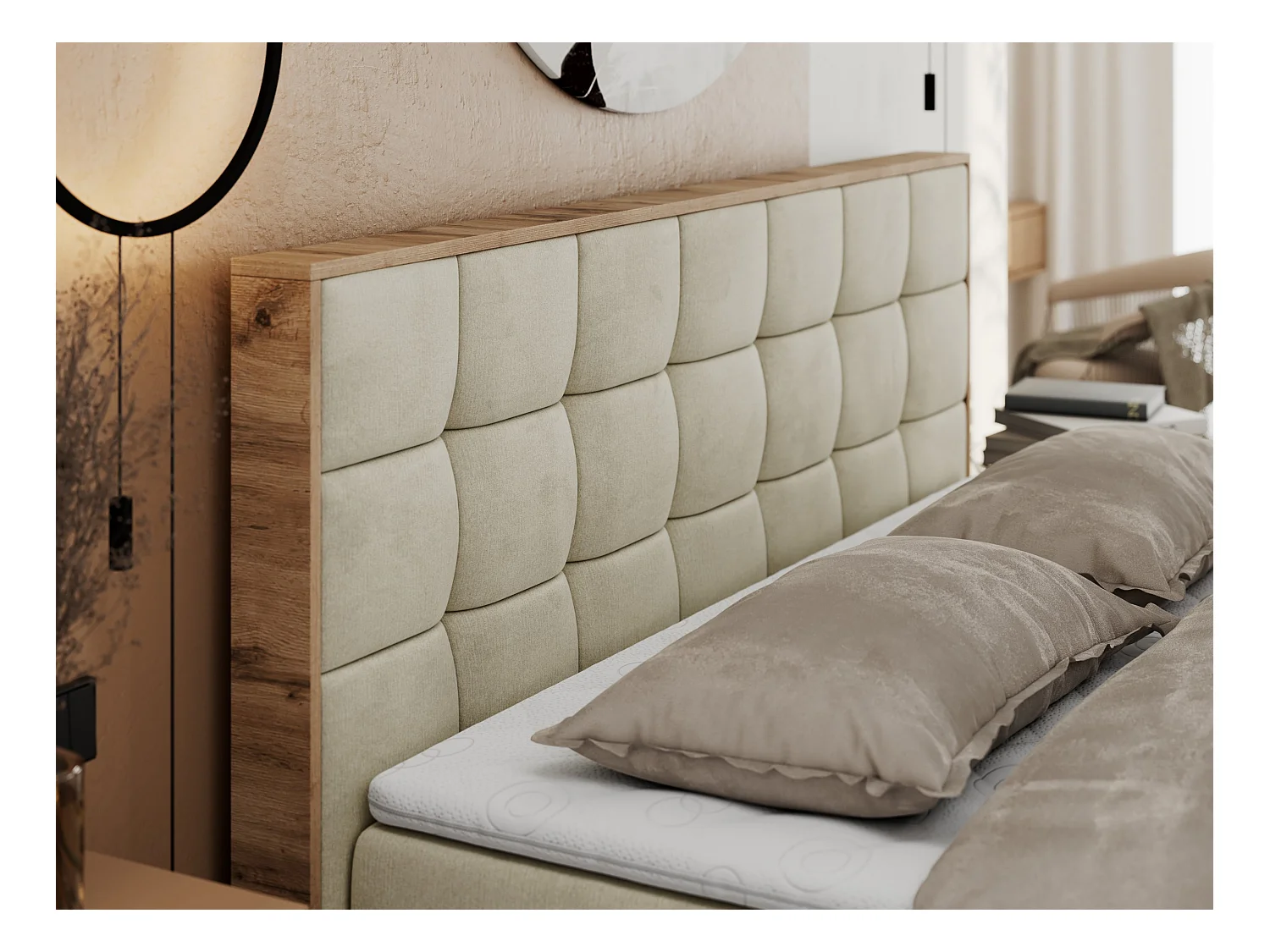 Boxspringbett ALBERO 1, Polsterbett mit gestepptem Kopfteil, Multipocket-Matratze - 160x200 cm - H4 - Beige Velvet
