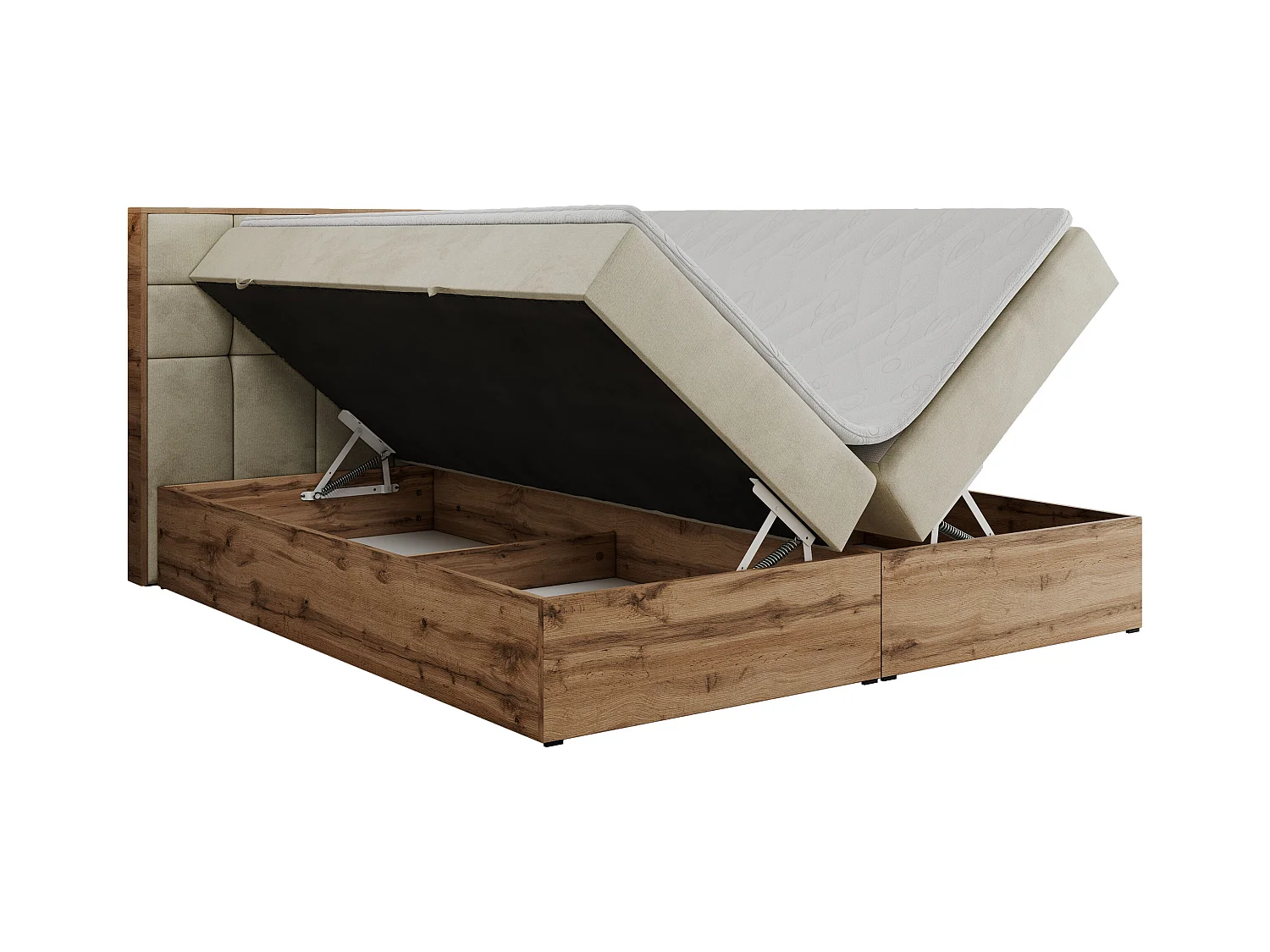 Boxspringbett ALBERO 1, Polsterbett mit gestepptem Kopfteil, Multipocket-Matratze - 160x200 cm - H4 - Beige Velvet