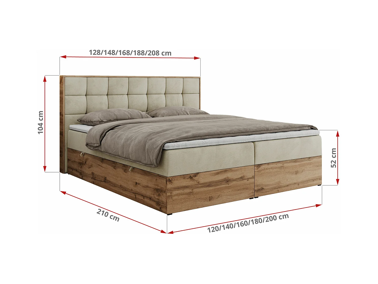 Boxspringbett ALBERO 1, Polsterbett mit gestepptem Kopfteil, Multipocket-Matratze - 160x200 cm - H4 - Beige Velvet