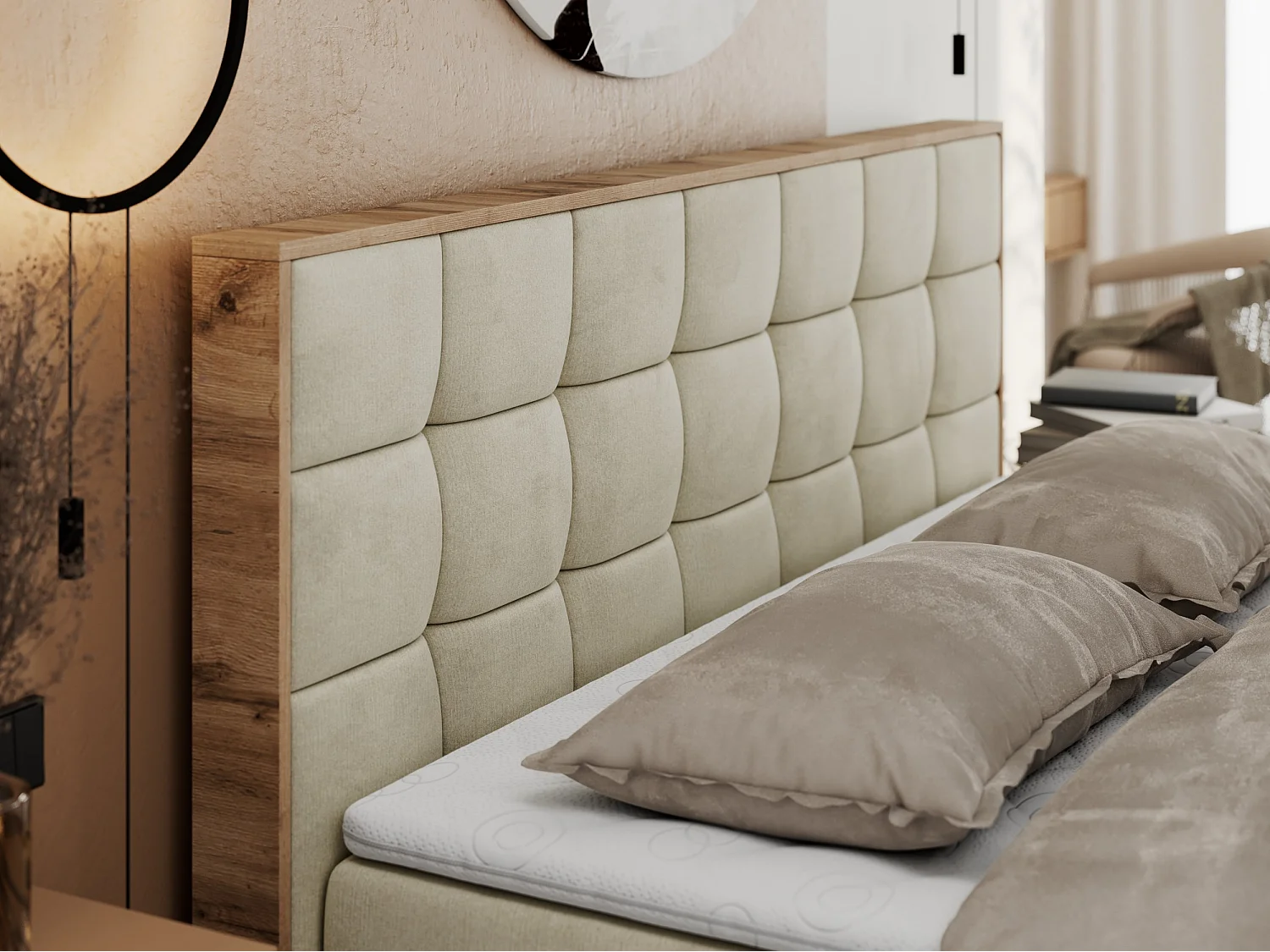Boxspringbett ALBERO 1, Polsterbett mit gestepptem Kopfteil, Multipocket-Matratze - 160x200 cm - H4 - Beige Velvet