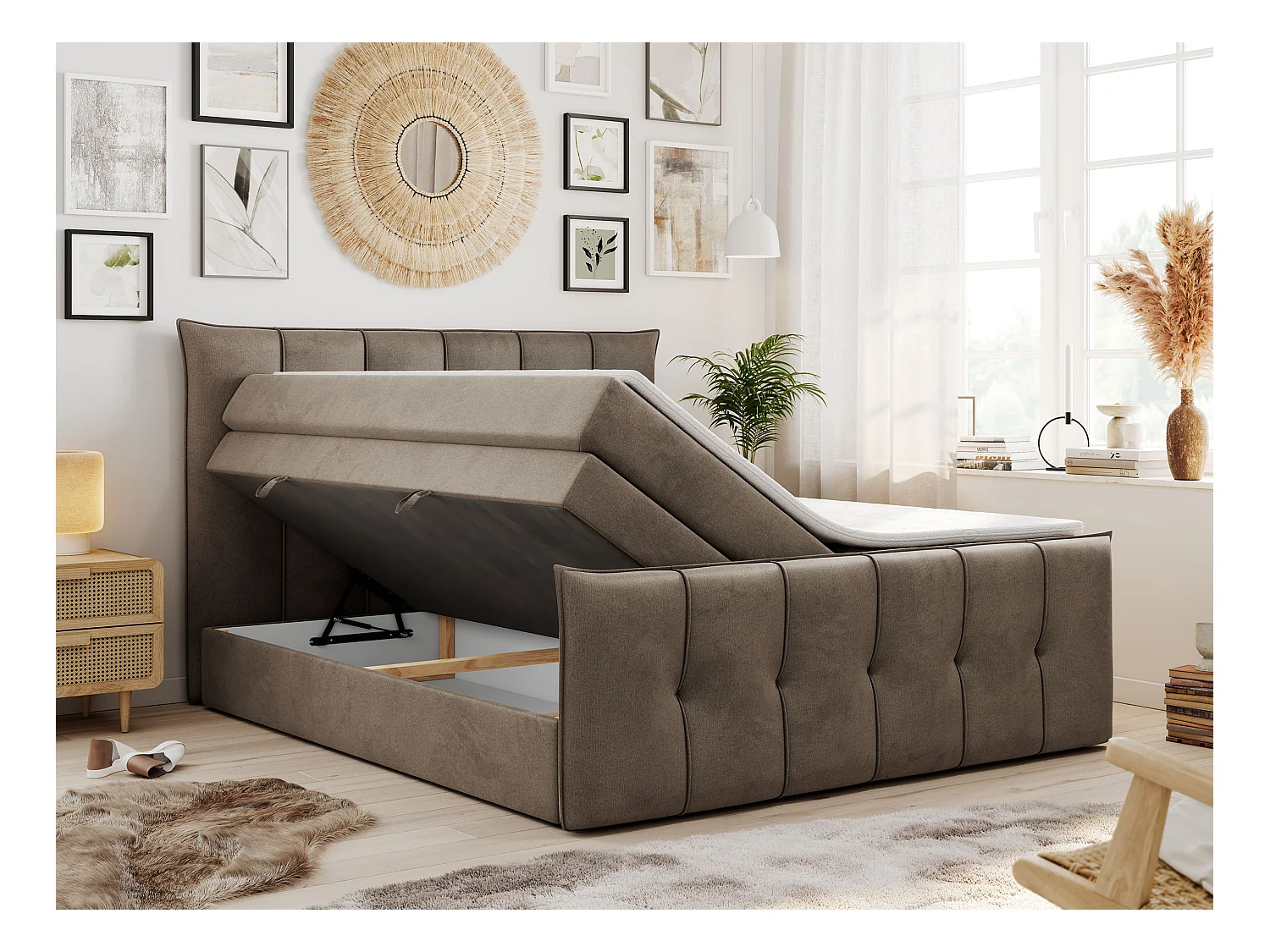 Boxspringbett PREMIUM 11 KING mit Stauraum, gestepptes Kopfteil, zwei Multipocket-Matratzen - 120x200 cm - H3 - Braun Velvet