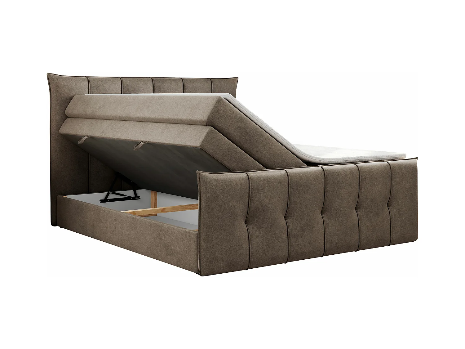 Boxspringbett PREMIUM 11 KING mit Stauraum, gestepptes Kopfteil, zwei Multipocket-Matratzen - 120x200 cm - H3 - Braun Velvet
