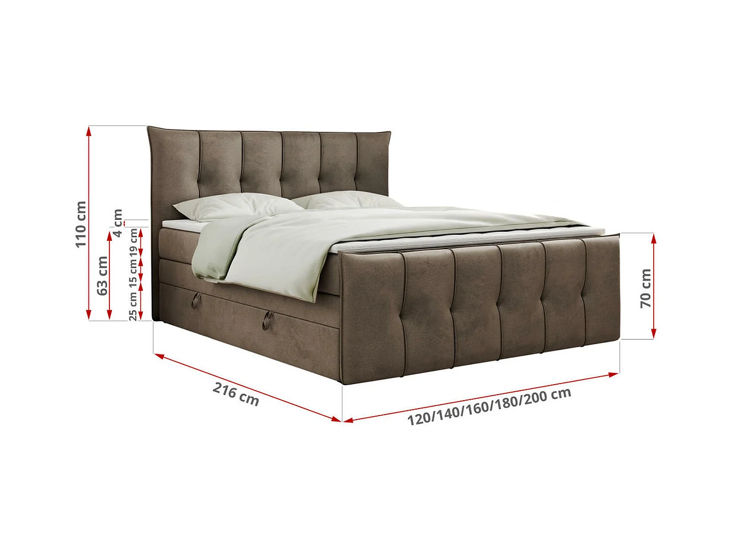 Boxspringbett PREMIUM 11 KING mit Stauraum, gestepptes Kopfteil, zwei Multipocket-Matratzen - 120x200 cm - H3 - Braun Velvet