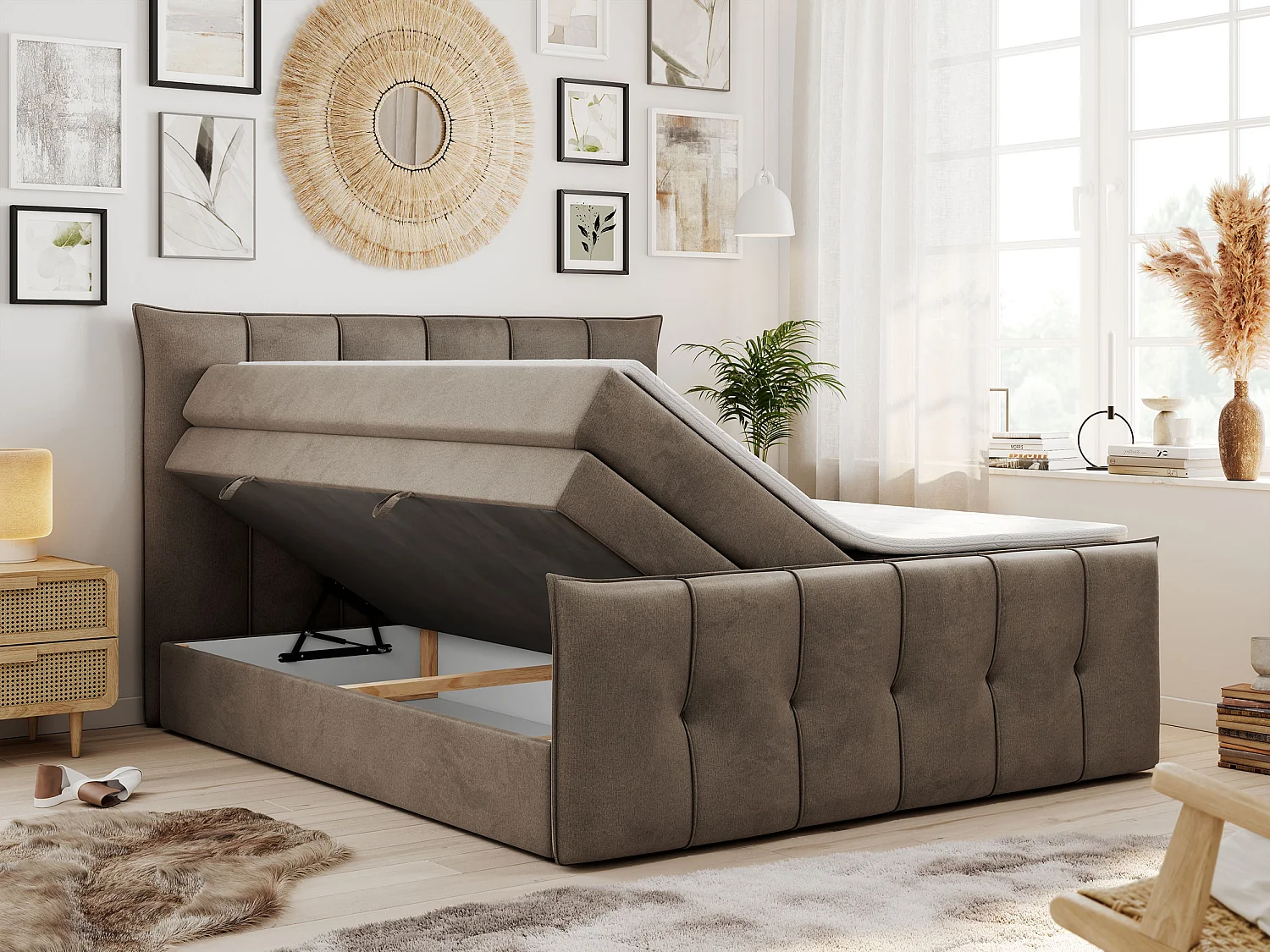 Boxspringbett PREMIUM 11 KING mit Stauraum, gestepptes Kopfteil, zwei Multipocket-Matratzen - 120x200 cm - H3 - Braun Velvet