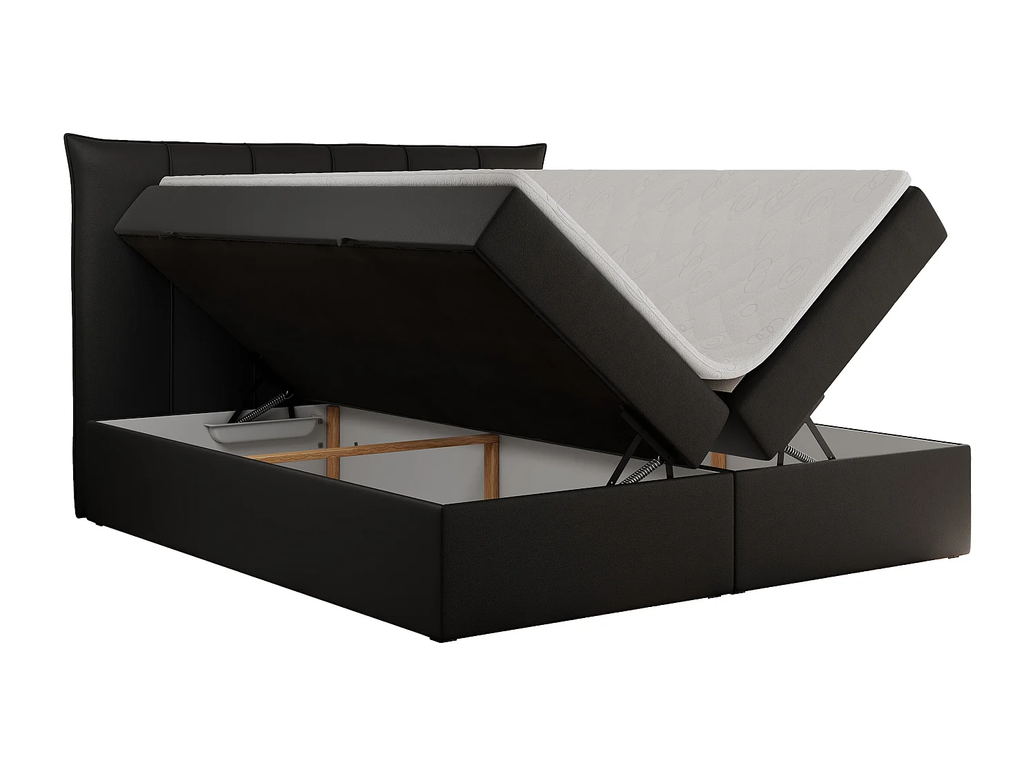 Boxspringbett PREMIUM 10 mit Multipocket-Matratze, gesteppte Kopfstütze, zwei Bettkästen - 160x200 cm - H4 - Schwarz Kunstleder