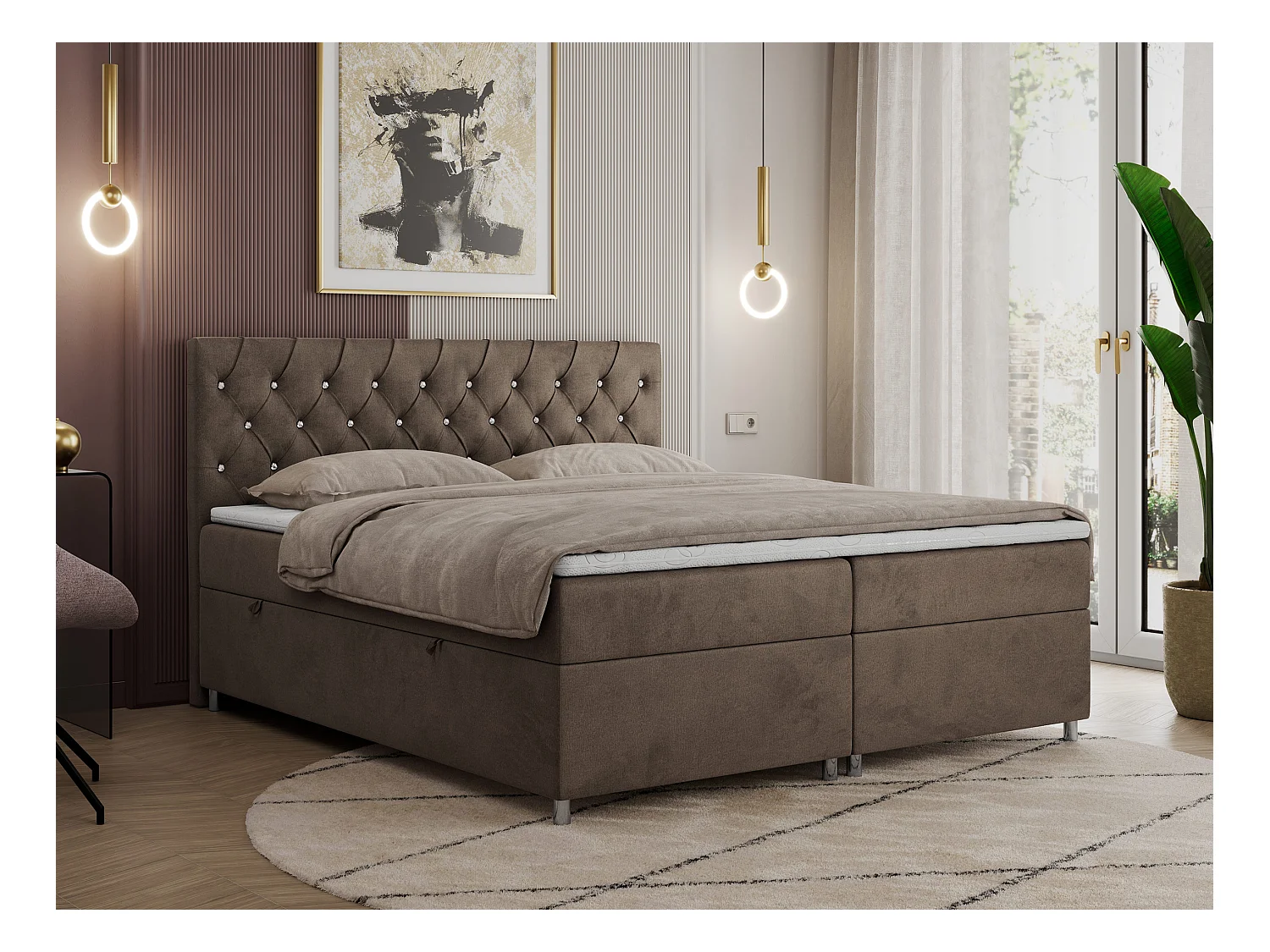Boxspringbett ROMA mit gestepptem Kopfteil, Multipocket-Matratze, dekorative Füße - 140x200 cm - H3 - Braun Velvet