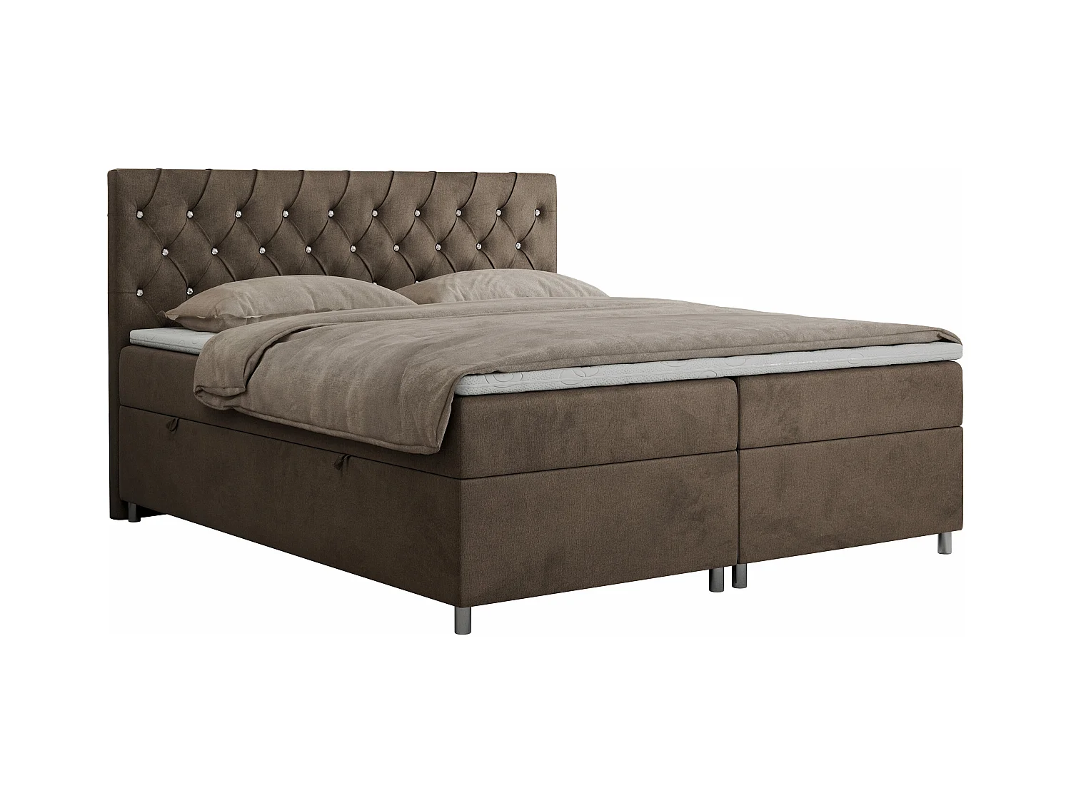 Boxspringbett ROMA mit gestepptem Kopfteil, Multipocket-Matratze, dekorative Füße - 140x200 cm - H3 - Braun Velvet