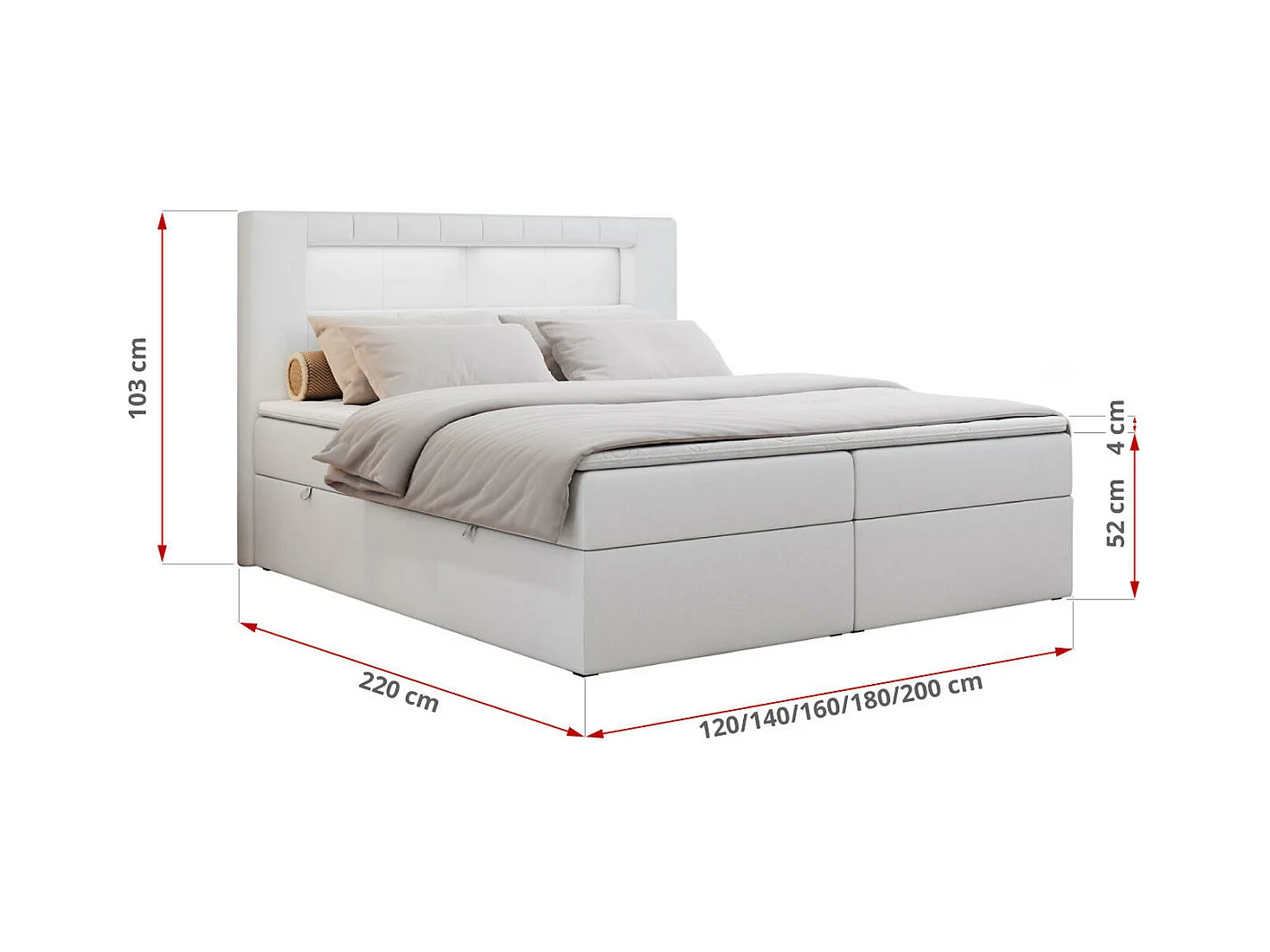 Boxspringbett GOLD 5 mit Multipocket-Matratze und LED, zwei Bettkästen - 180x200 cm - H3 - Weiß Kunstleder