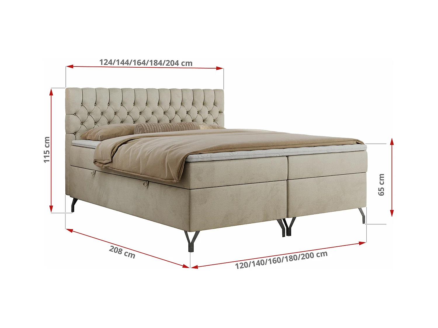 Boxspringbett GRIMALDI mit zwei Bettkästen, gesteppter Kopfstütze, Metallfüßen - 200x200 cm - H3 - Beige Velvet