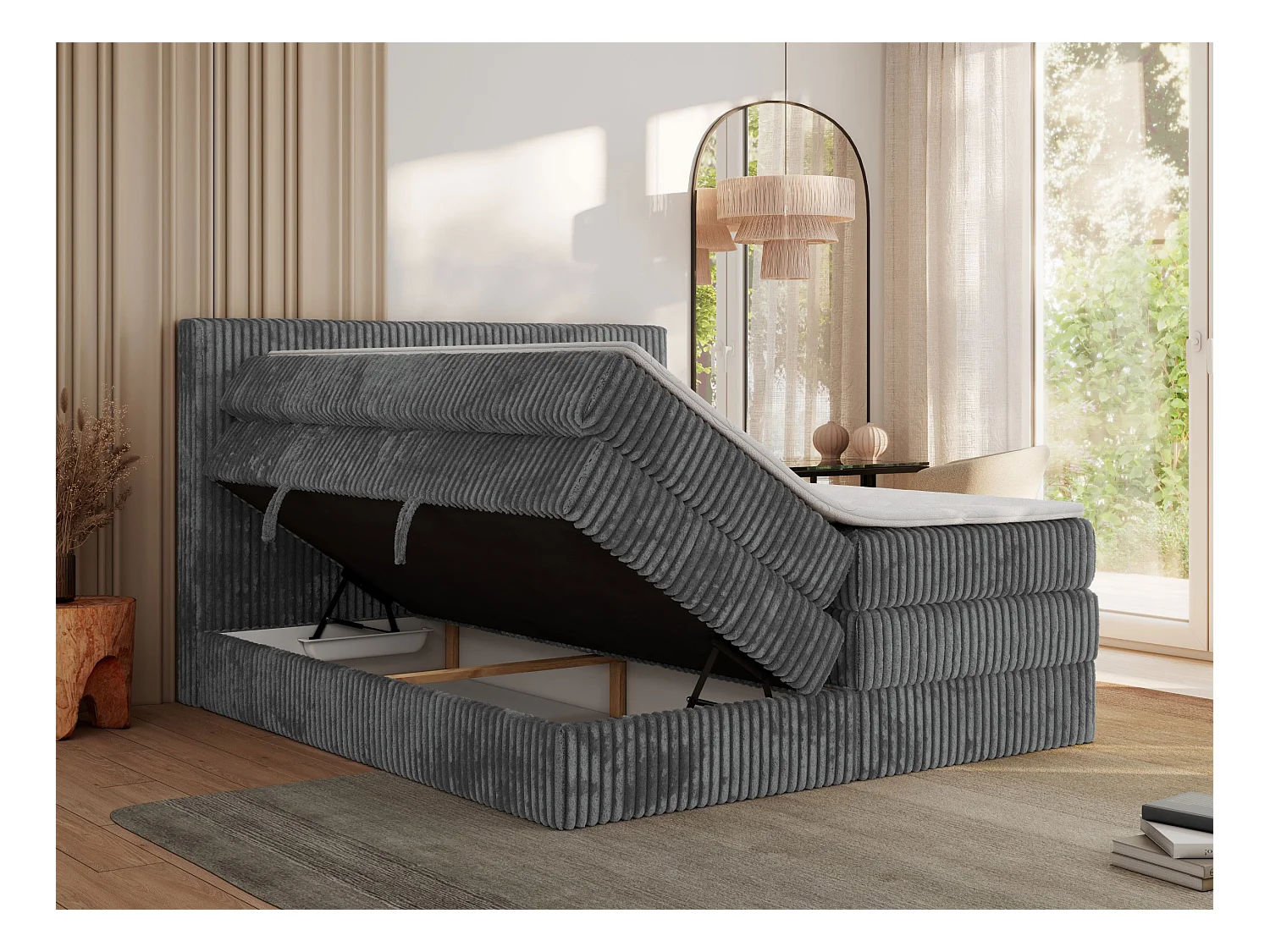 Boxspringbett TILIANO KING, Multipocket-Matratze, Cord Bett, Kopfteil und zwei Bettkästen - 180x200 cm - H3 - Grau Cord