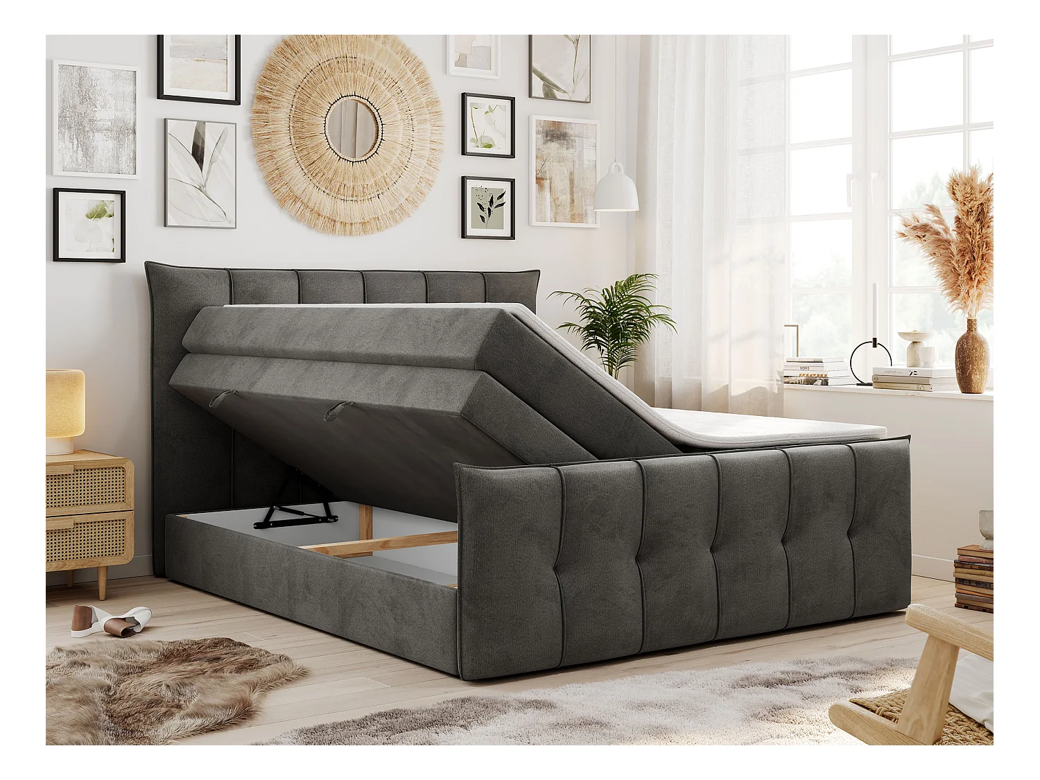 Boxspringbett PREMIUM 11 KING mit Stauraum, gestepptes Kopfteil, zwei Multipocket-Matratzen - 200x200 cm - H3 - Hellgrau Velvet