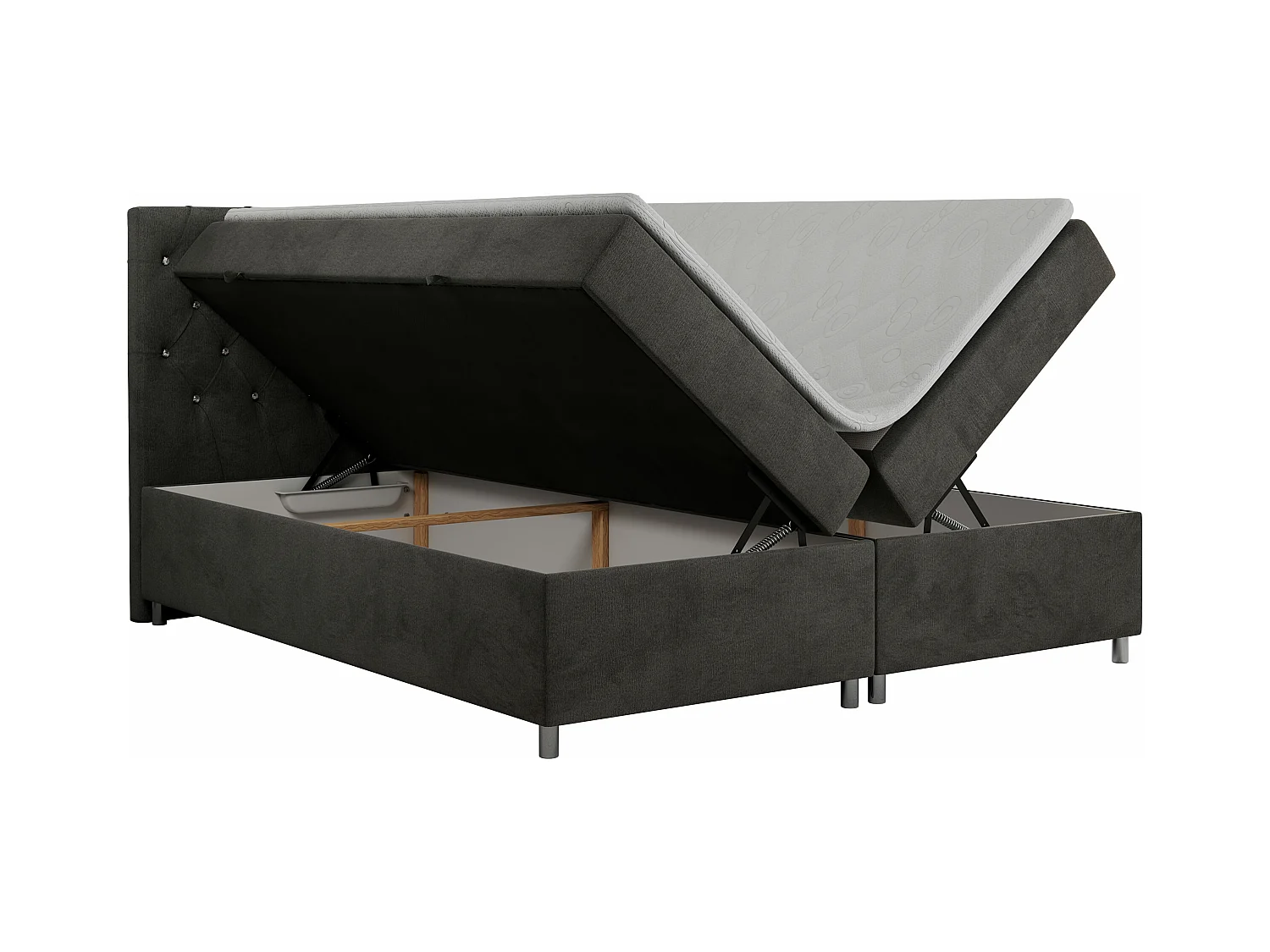Boxspringbett ROMA mit gestepptem Kopfteil, Multipocket-Matratze, dekorative Füße - 200x200 cm - H3 - Dunkelgrau Velvet