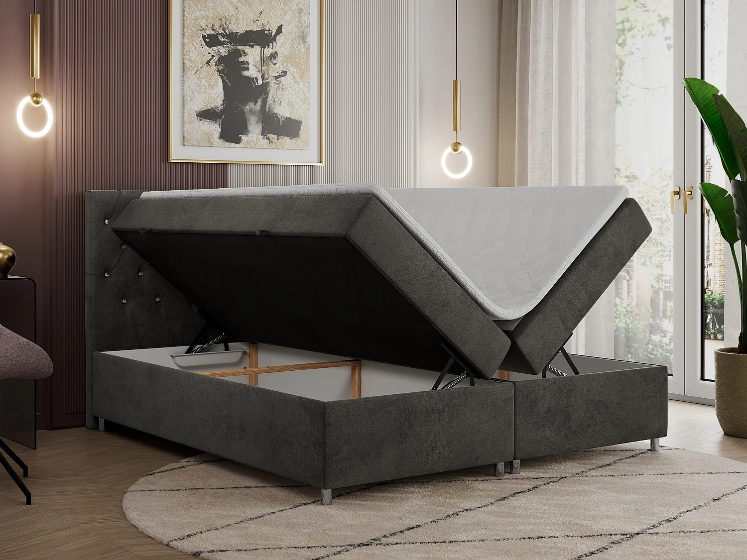 Boxspringbett ROMA mit gestepptem Kopfteil, Multipocket-Matratze, dekorative Füße - 200x200 cm - H3 - Dunkelgrau Velvet