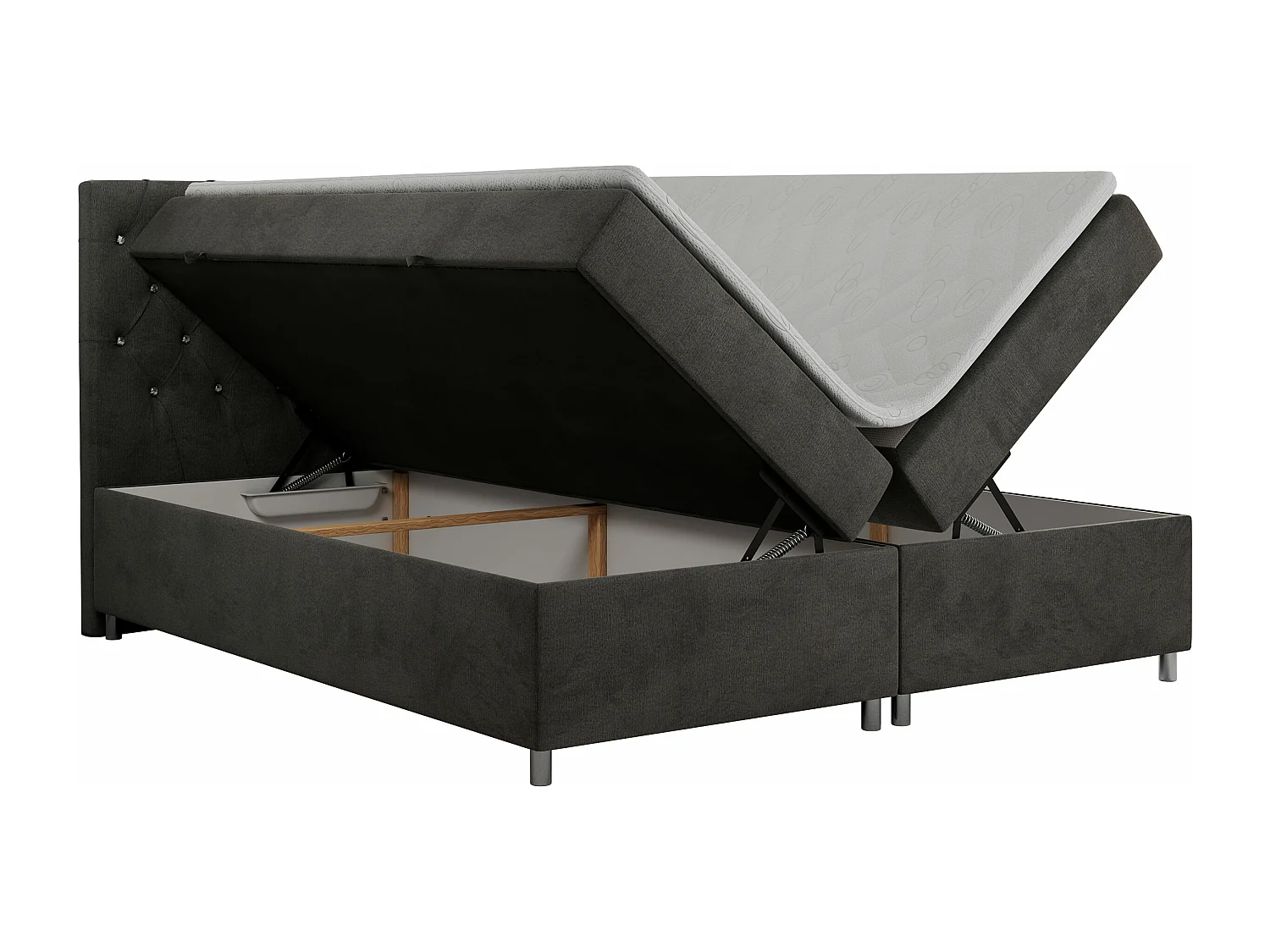 Boxspringbett ROMA mit gestepptem Kopfteil, Multipocket-Matratze, dekorative Füße - 200x200 cm - H3 - Dunkelgrau Velvet