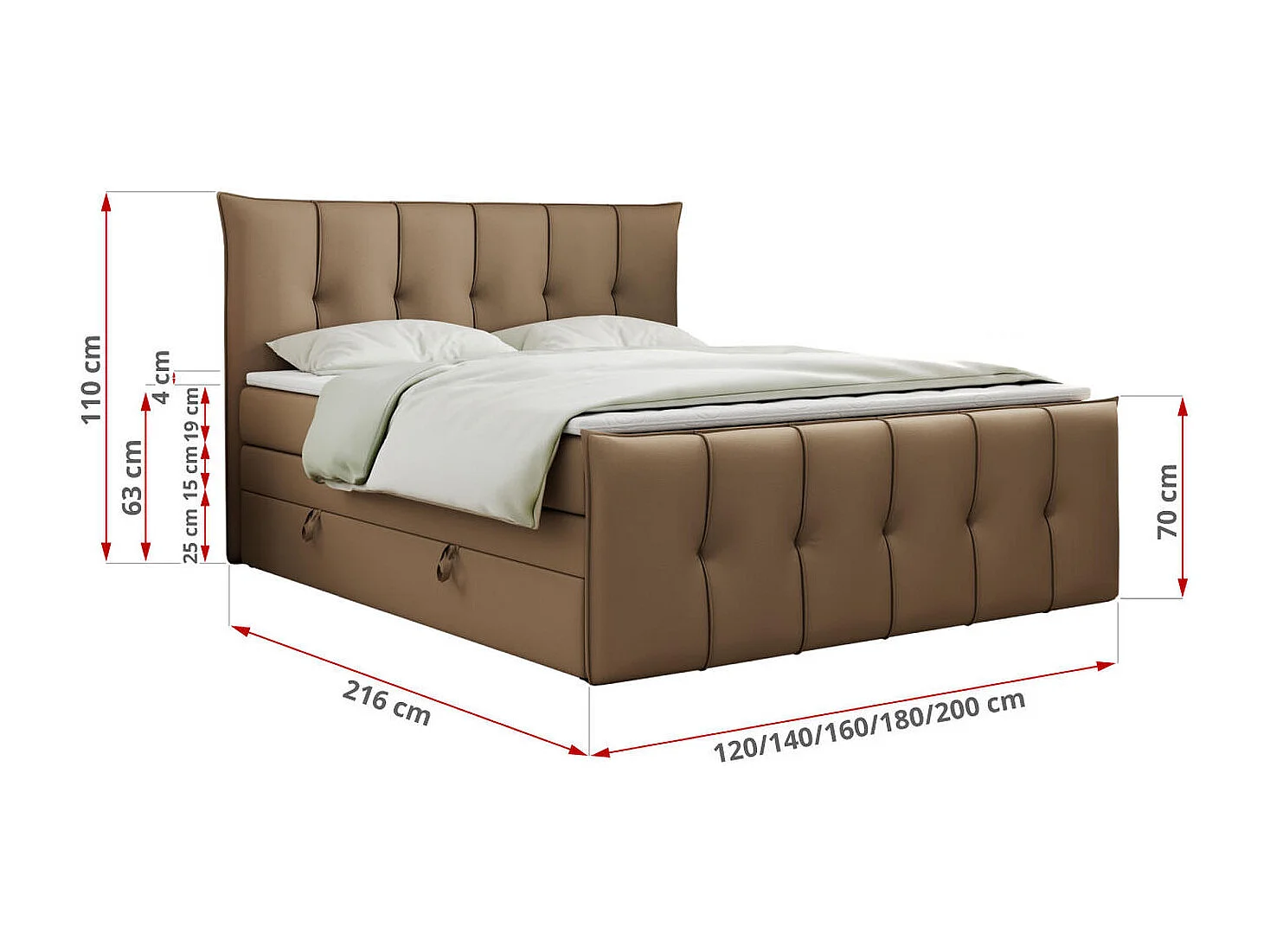 Boxspringbett PREMIUM 11 KING mit Stauraum, gestepptes Kopfteil, zwei Multipocket-Matratzen - 140x200 cm - H3 - Braun Kunstleder