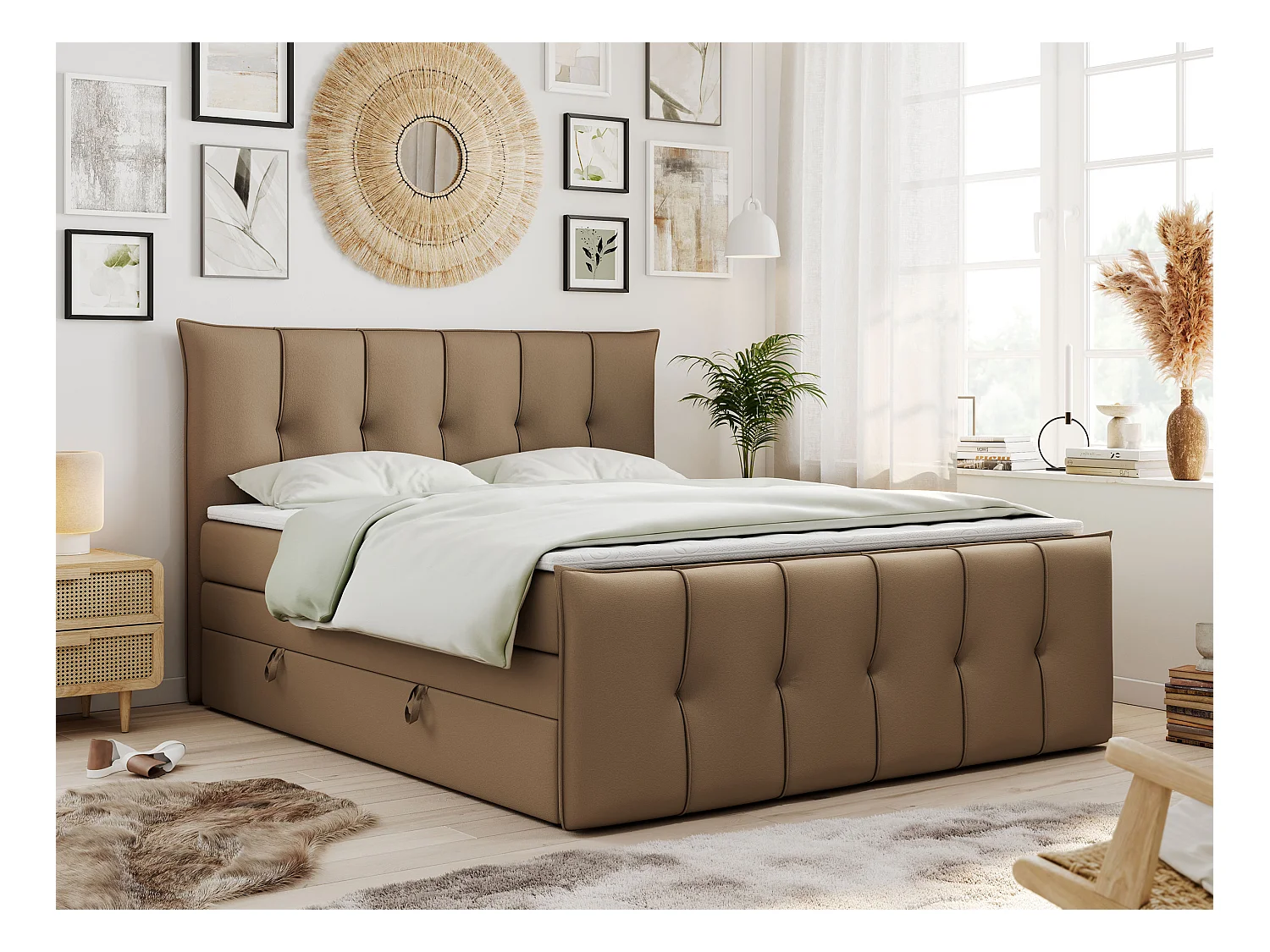 Boxspringbett PREMIUM 11 KING mit Stauraum, gestepptes Kopfteil, zwei Multipocket-Matratzen - 140x200 cm - H3 - Braun Kunstleder