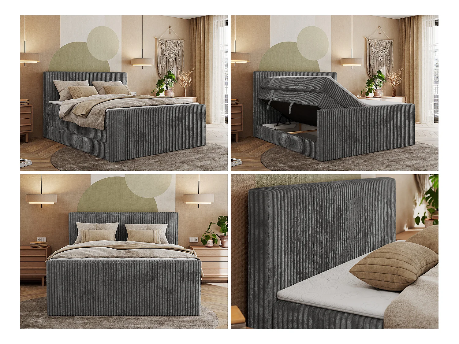 Boxspringbett TILIANO KING DUO, mit zwei Bettkästen, Cord Bett Multipocket-Matratze - 200x200 cm - H4 - Grau Cord