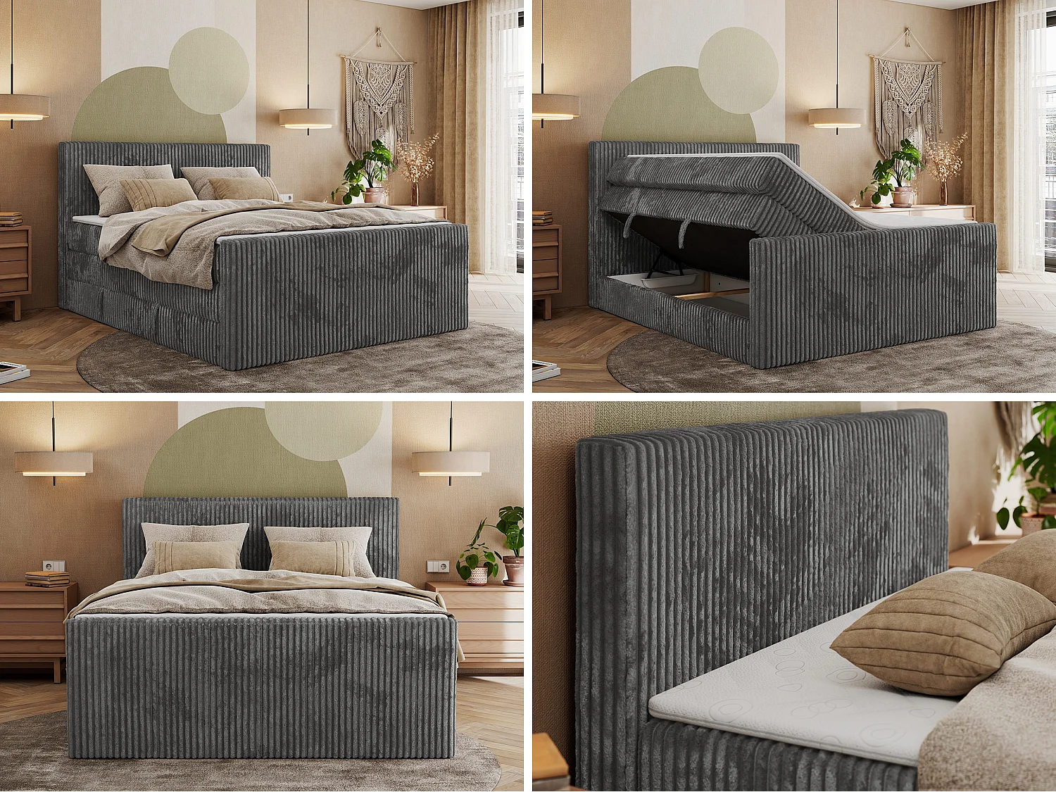 Boxspringbett TILIANO KING DUO, mit zwei Bettkästen, Cord Bett Multipocket-Matratze - 200x200 cm - H4 - Grau Cord