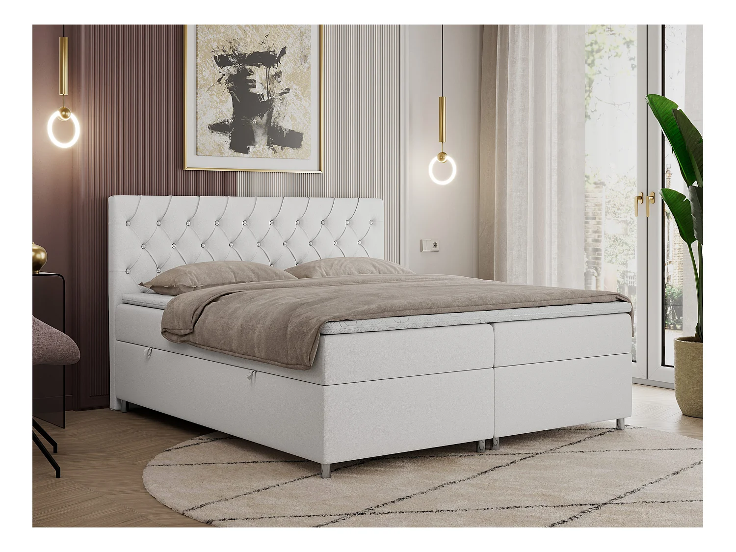 Boxspringbett ROMA mit gestepptem Kopfteil, Multipocket-Matratze, dekorative Füße - 200x200 cm - H4 - Weiß Kunstleder