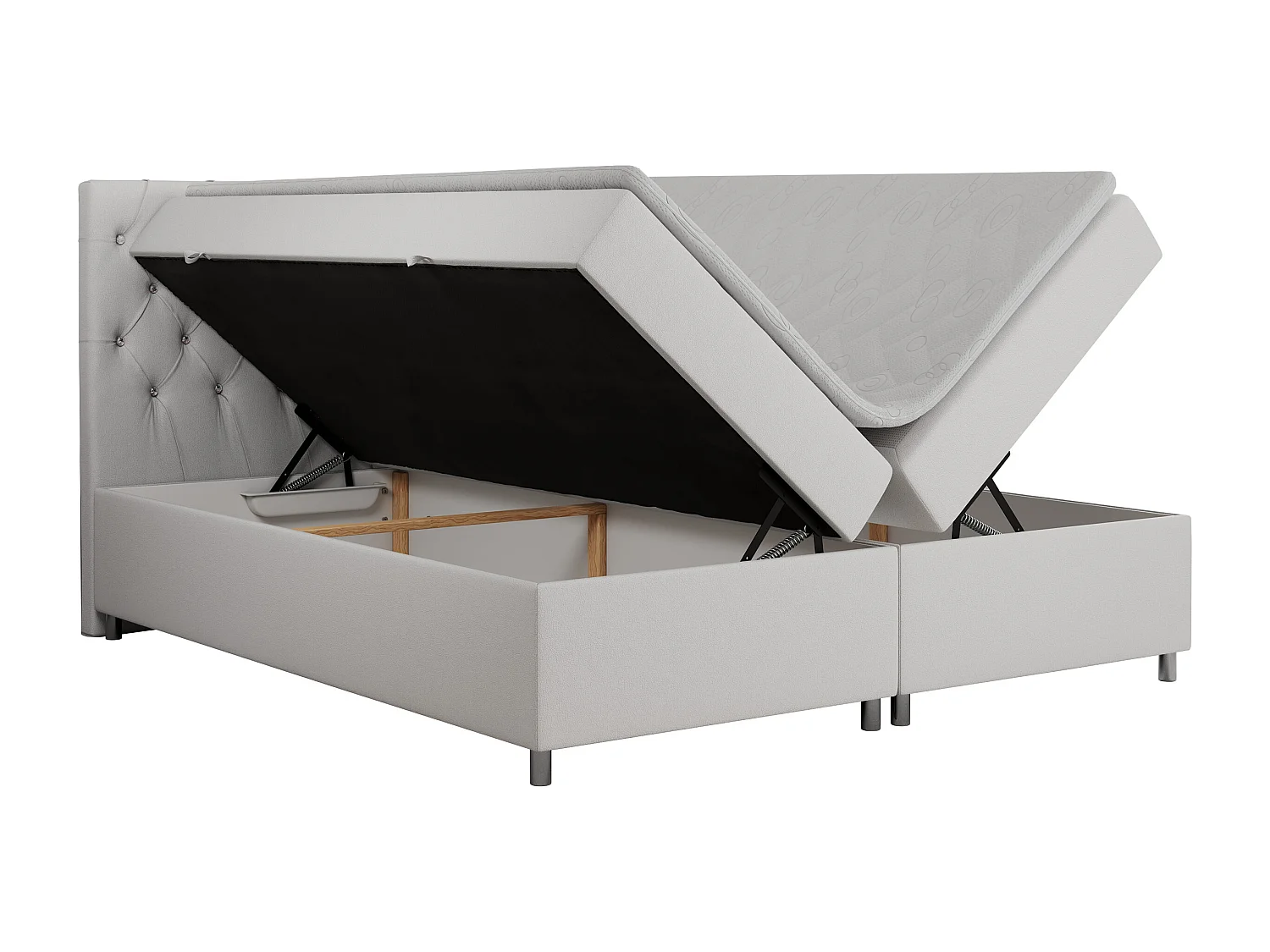Boxspringbett ROMA mit gestepptem Kopfteil, Multipocket-Matratze, dekorative Füße - 200x200 cm - H4 - Weiß Kunstleder