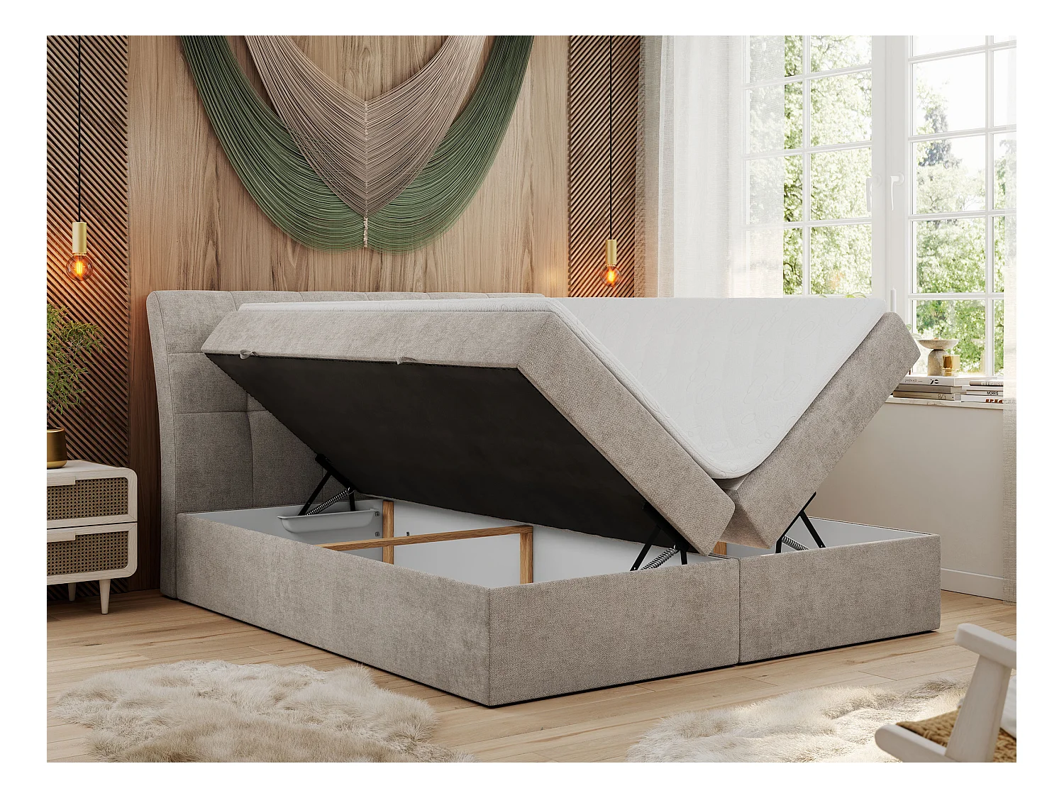 Boxspringbett DIEGOS mit Stauraum, gestepptem Kopfteil, Multipocket-Matratze - 140x200 cm - H3 - Beige Strukture