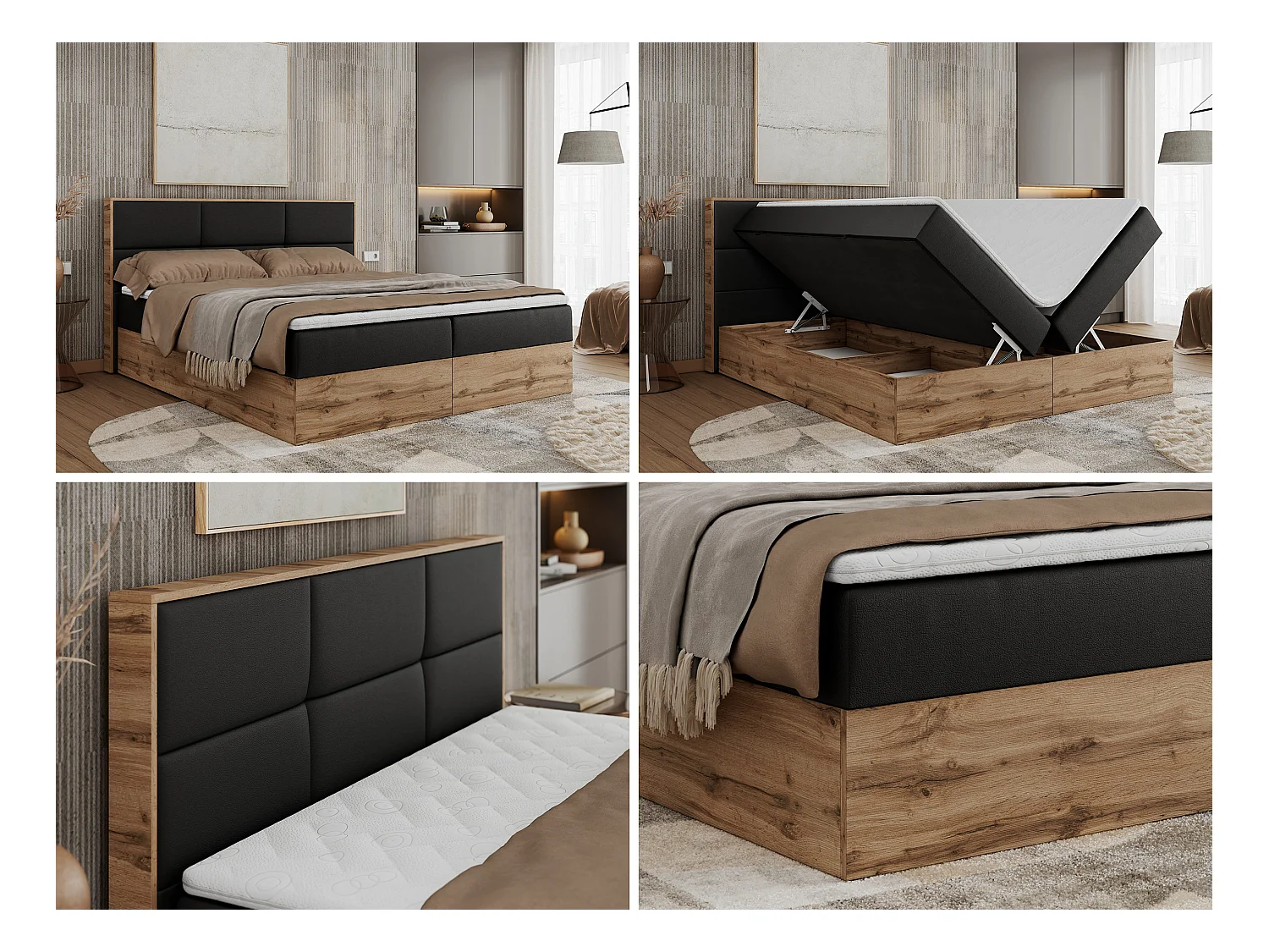 Boxspringbett ALBERO 2 mit Topper und Multipocket-Matratze, Stauraum, Holzrahmen - 140x200 cm - H4 - Schwarz Kunstleder
