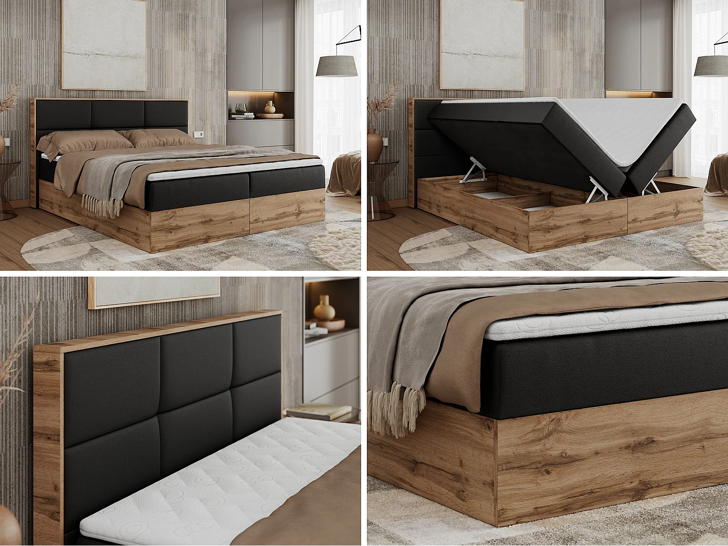 Boxspringbett ALBERO 2 mit Topper und Multipocket-Matratze, Stauraum, Holzrahmen - 140x200 cm - H4 - Schwarz Kunstleder