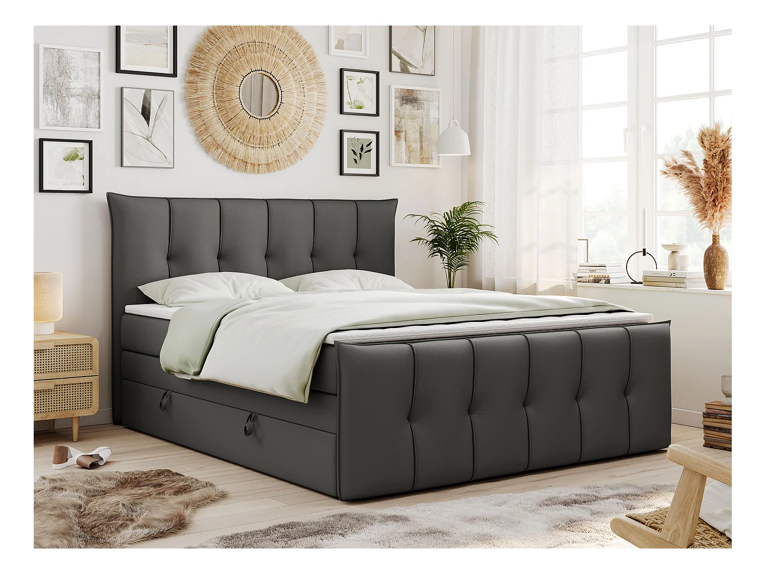 Boxspringbett PREMIUM 11 KING mit Stauraum, gestepptes Kopfteil, zwei Multipocket-Matratzen - 120x200 cm - H4 - Dunkelgrau Kunstleder