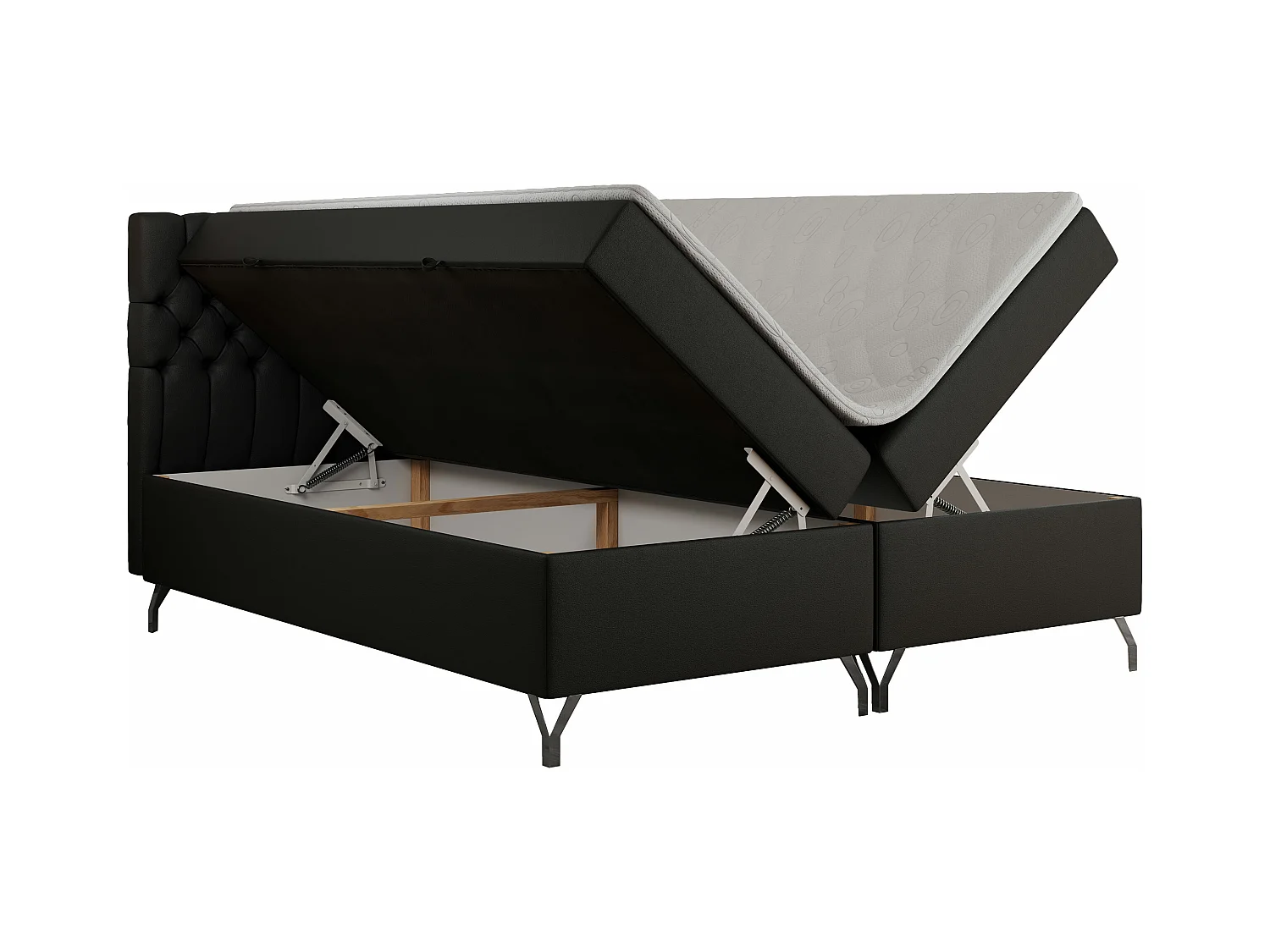 Boxspringbett GRIMALDI mit zwei Bettkästen, gesteppter Kopfstütze, Metallfüßen - 160x200 cm - H3 - Schwarz Kunstleder