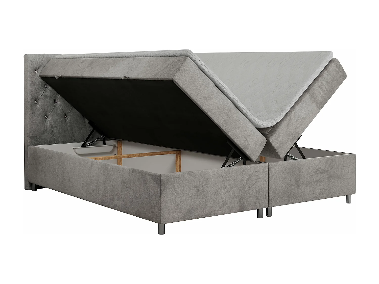 Boxspringbett ROMA mit gestepptem Kopfteil, Multipocket-Matratze, dekorative Füße - 140x200 cm - H4 - Hellgrau Velvet