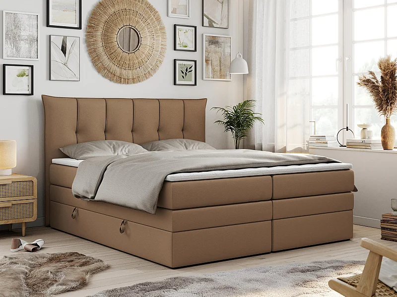 Boxspringbett PREMIUM 10 KING, Doppelbett mit Stauraum, gesteppte Kopfstütze, Multipocket-Matratze - 180x200 cm - H4 - Braun Kunstleder