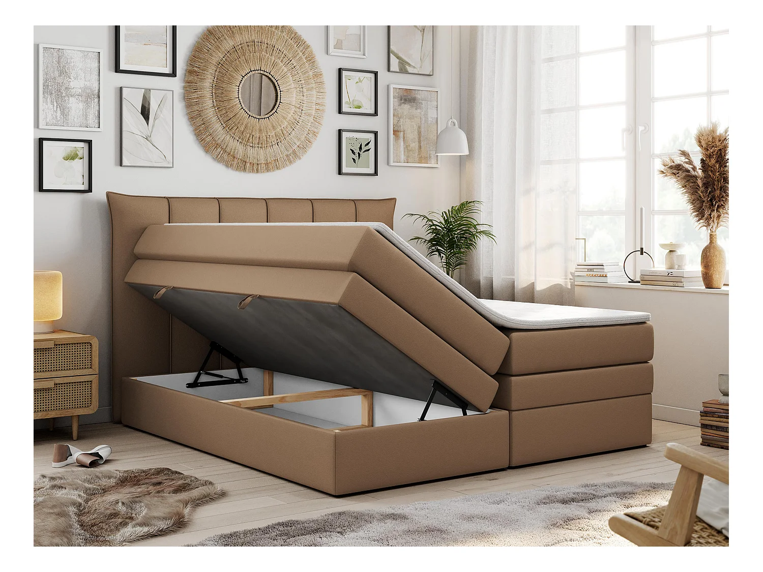 Boxspringbett PREMIUM 10 KING, Doppelbett mit Stauraum, gesteppte Kopfstütze, Multipocket-Matratze - 180x200 cm - H4 - Braun Kunstleder