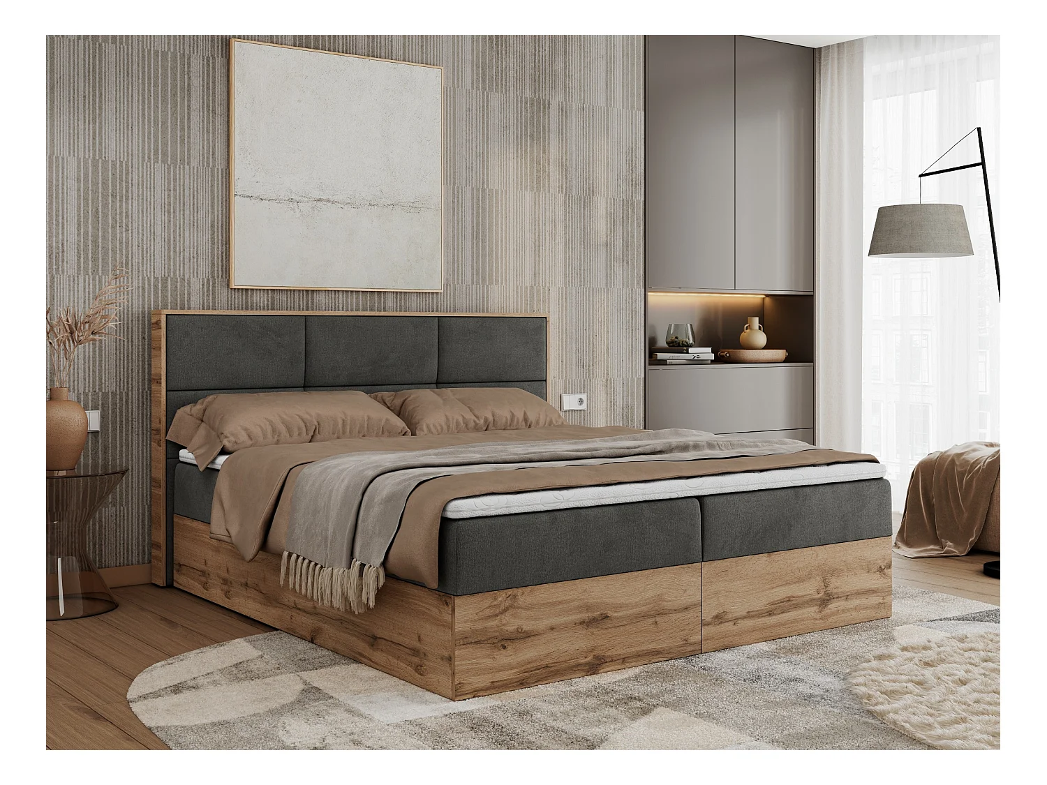 Boxspringbett ALBERO 2 mit Topper und Multipocket-Matratze, Stauraum, Holzrahmen - 160x200 cm - H4 - Dunkelgrau Velvet