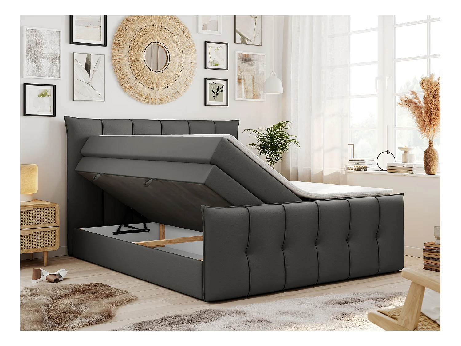 Boxspringbett PREMIUM 11 KING mit Stauraum, gestepptes Kopfteil, zwei Multipocket-Matratzen - 140x200 cm - H3 - Dunkelgrau Kunstleder