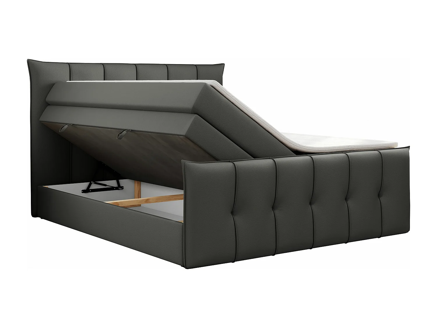 Boxspringbett PREMIUM 11 KING mit Stauraum, gestepptes Kopfteil, zwei Multipocket-Matratzen - 140x200 cm - H3 - Dunkelgrau Kunstleder