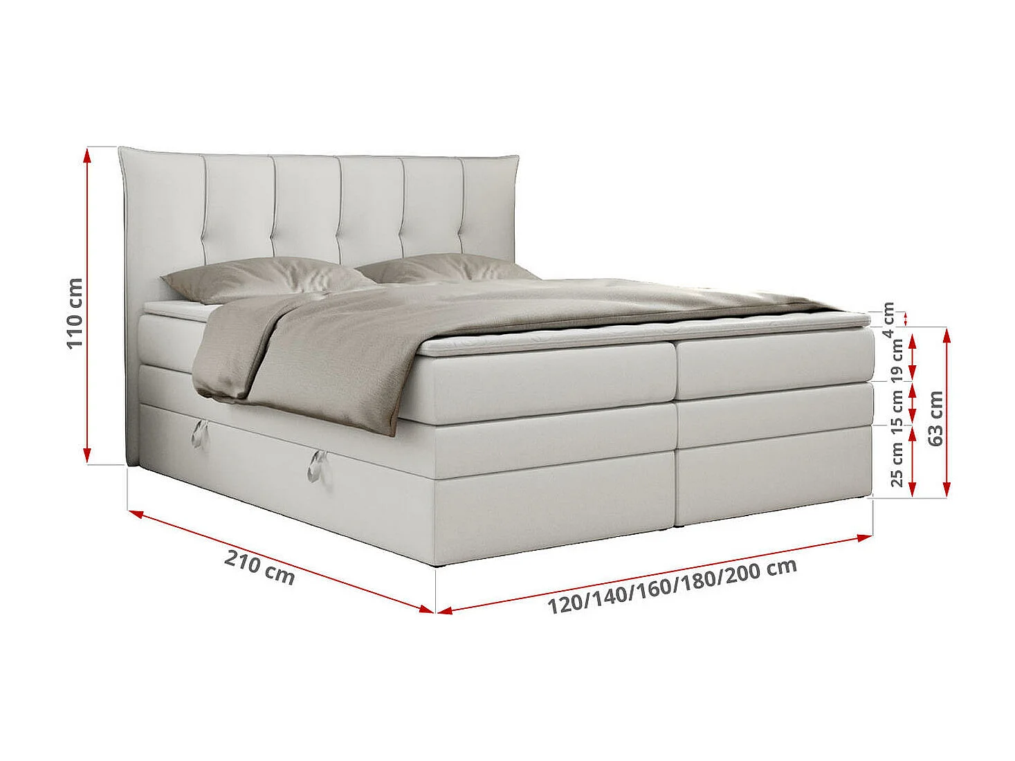 Boxspringbett PREMIUM 10 KING, Doppelbett mit Stauraum, gesteppte Kopfstütze, Multipocket-Matratze - 200x200 cm - H3 - Weiß Kunstleder