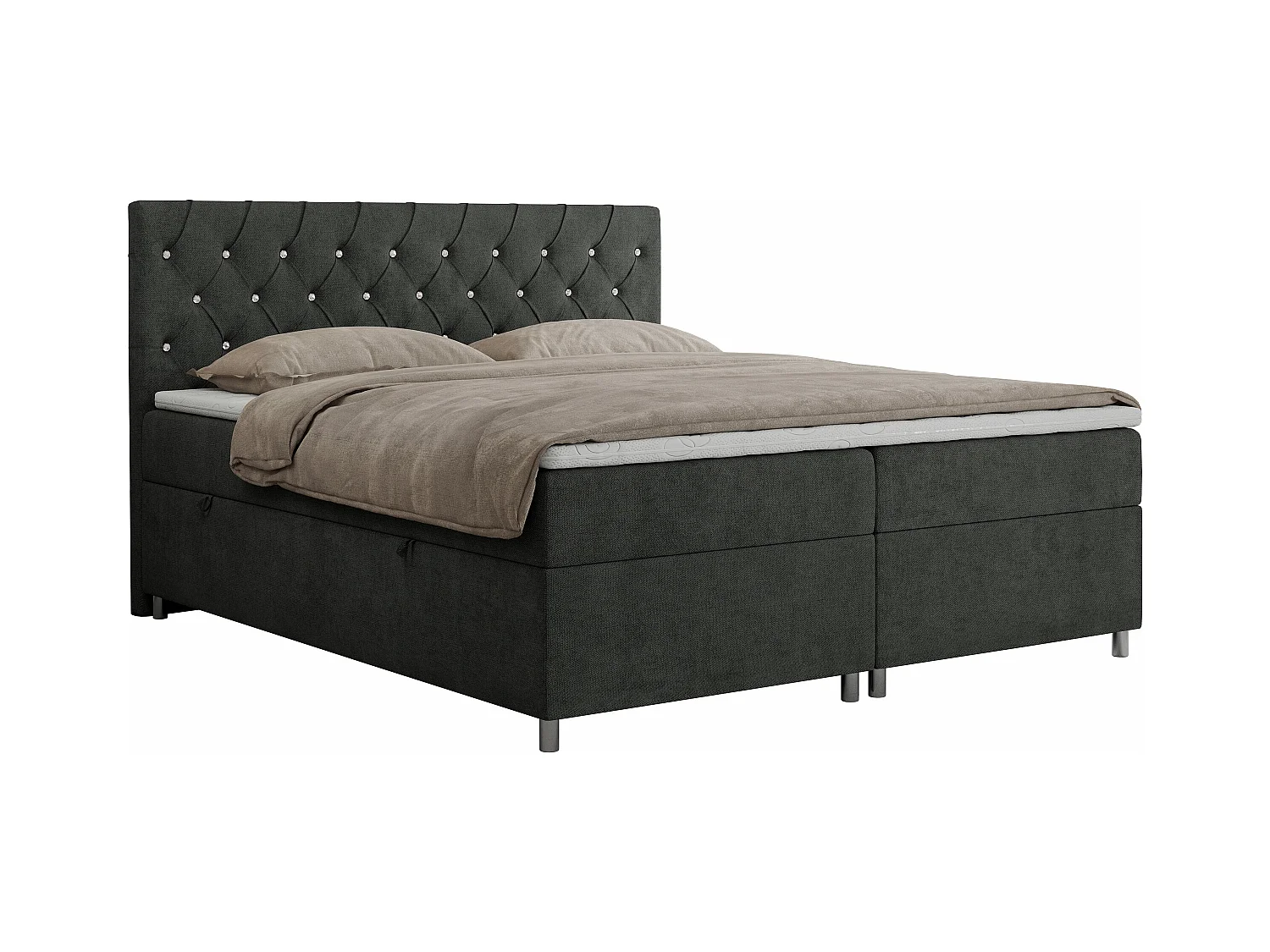 Boxspringbett ROMA mit gestepptem Kopfteil, Multipocket-Matratze, dekorative Füße - 160x200 cm - H4 - Hellgrau Strukture