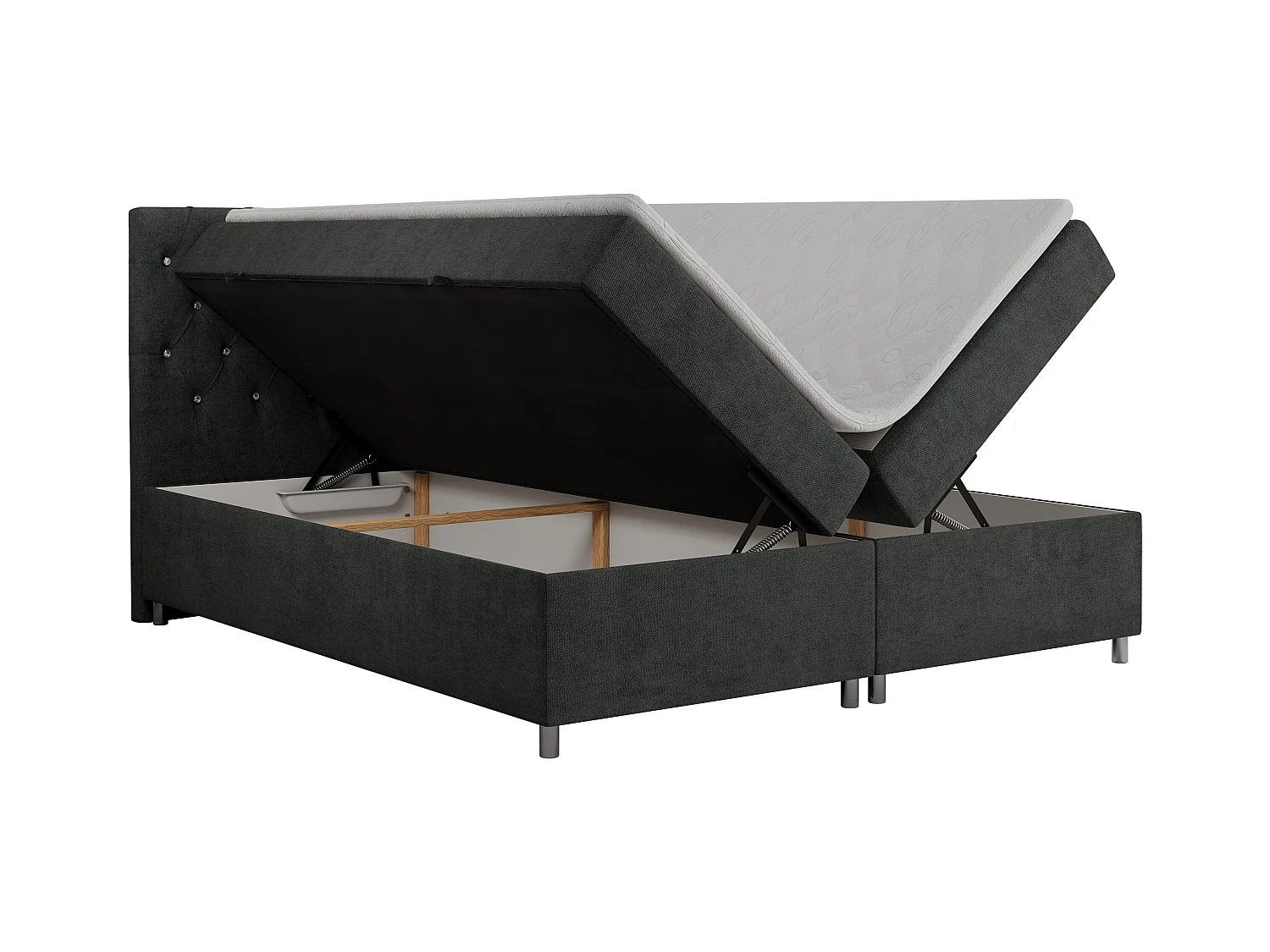 Boxspringbett ROMA mit gestepptem Kopfteil, Multipocket-Matratze, dekorative Füße - 160x200 cm - H4 - Hellgrau Strukture