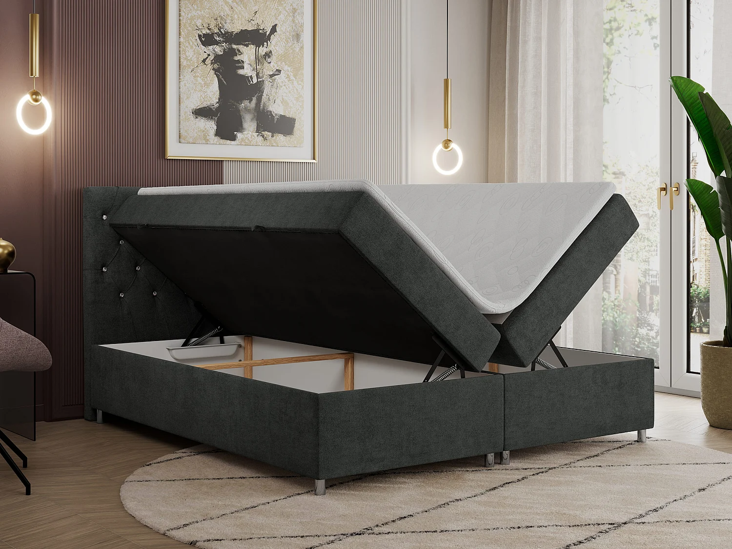 Boxspringbett ROMA mit gestepptem Kopfteil, Multipocket-Matratze, dekorative Füße - 160x200 cm - H4 - Hellgrau Strukture