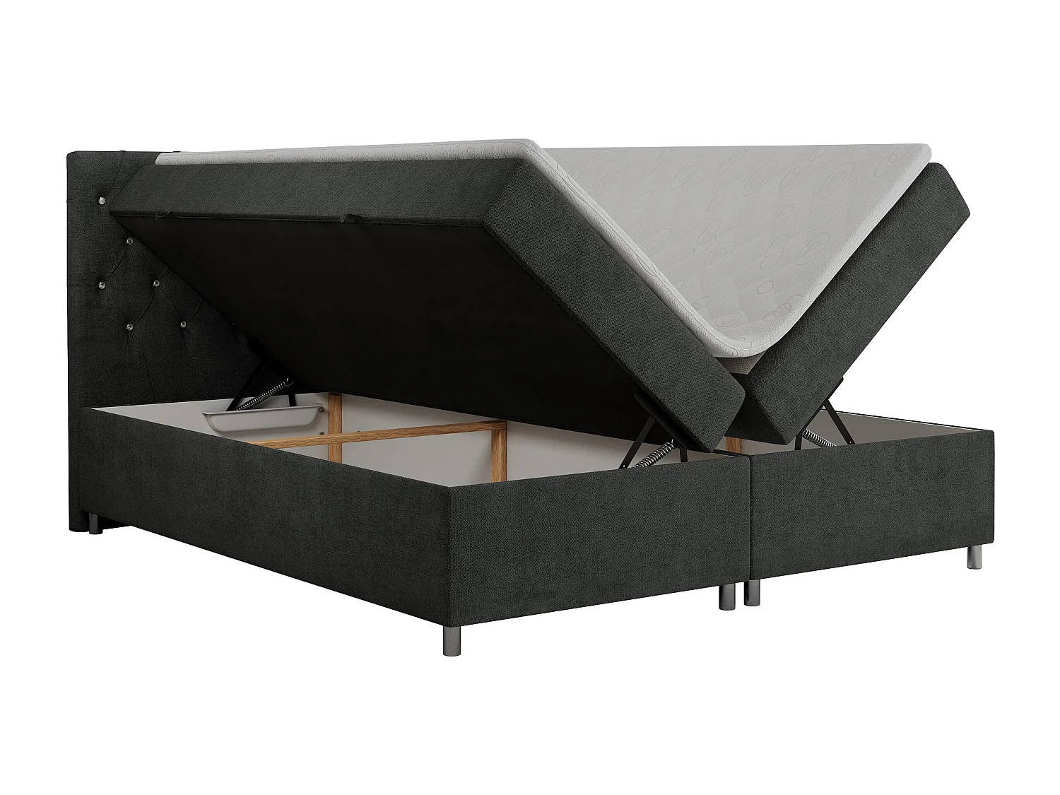 Boxspringbett ROMA mit gestepptem Kopfteil, Multipocket-Matratze, dekorative Füße - 160x200 cm - H4 - Hellgrau Strukture