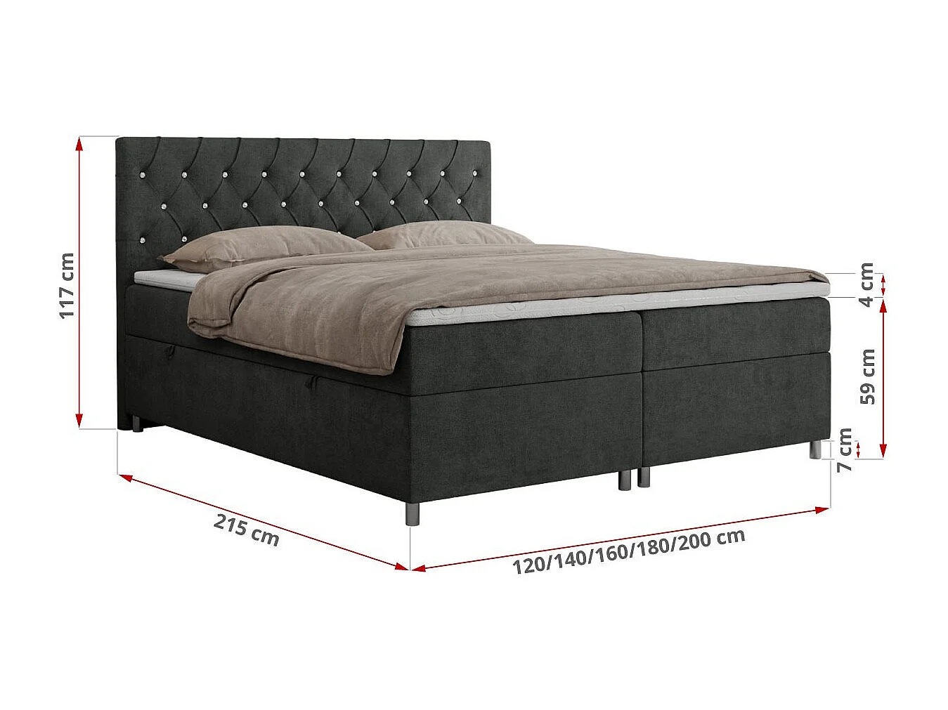 Boxspringbett ROMA mit gestepptem Kopfteil, Multipocket-Matratze, dekorative Füße - 160x200 cm - H4 - Hellgrau Strukture