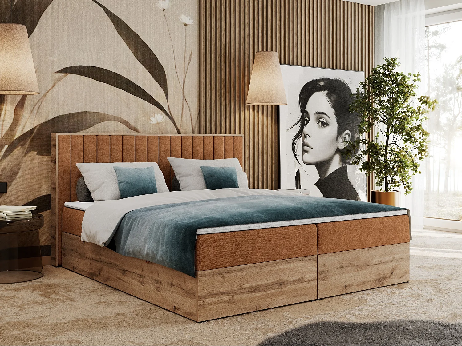 Boxspringbett ALBERO 4, Eiche Wotan Holzrahmen, mit Stauraum, genähtes Kopfteil - 140x200 cm - H4 - Orange Strukture