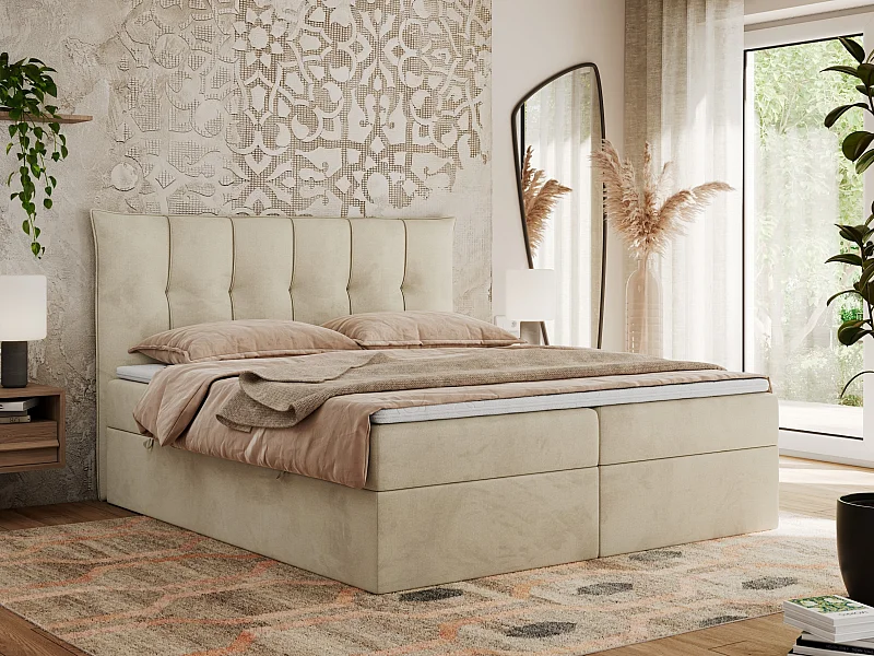 Boxspringbett PREMIUM 10 mit Multipocket-Matratze, gesteppte Kopfstütze, zwei Bettkästen - 200x200 cm - H4 - Creme Velvet