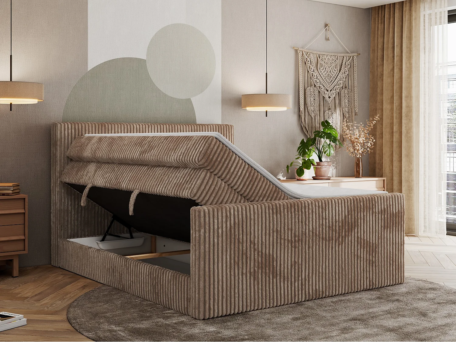 Boxspringbett TILIANO KING DUO, mit zwei Bettkästen, Cord Bett Multipocket-Matratze - 200x200 cm - H4 - Braun Cord