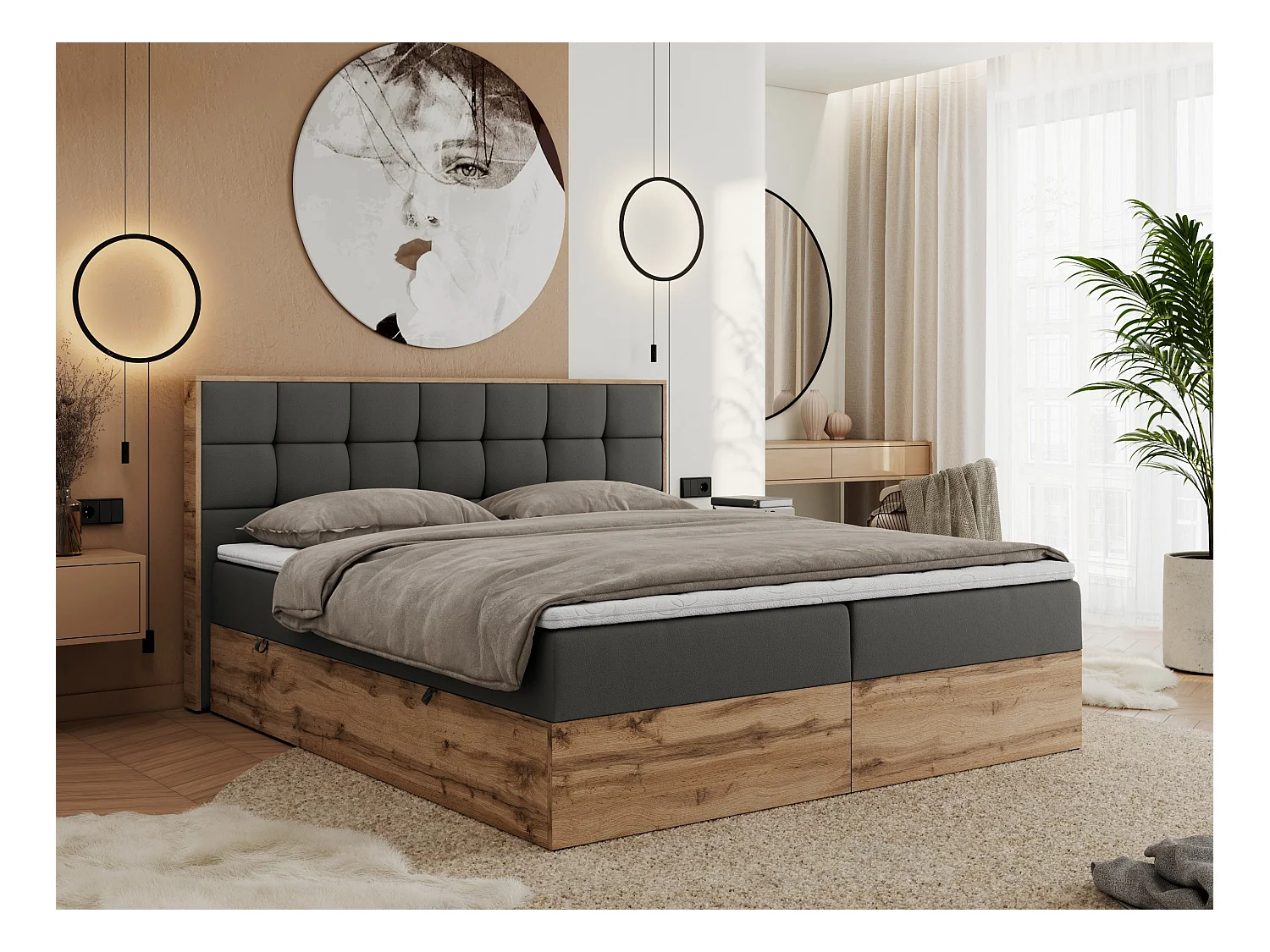 Boxspringbett ALBERO 1, Polsterbett mit gestepptem Kopfteil, Multipocket-Matratze - 160x200 cm - H4 - Dunkelgrau Kunstleder