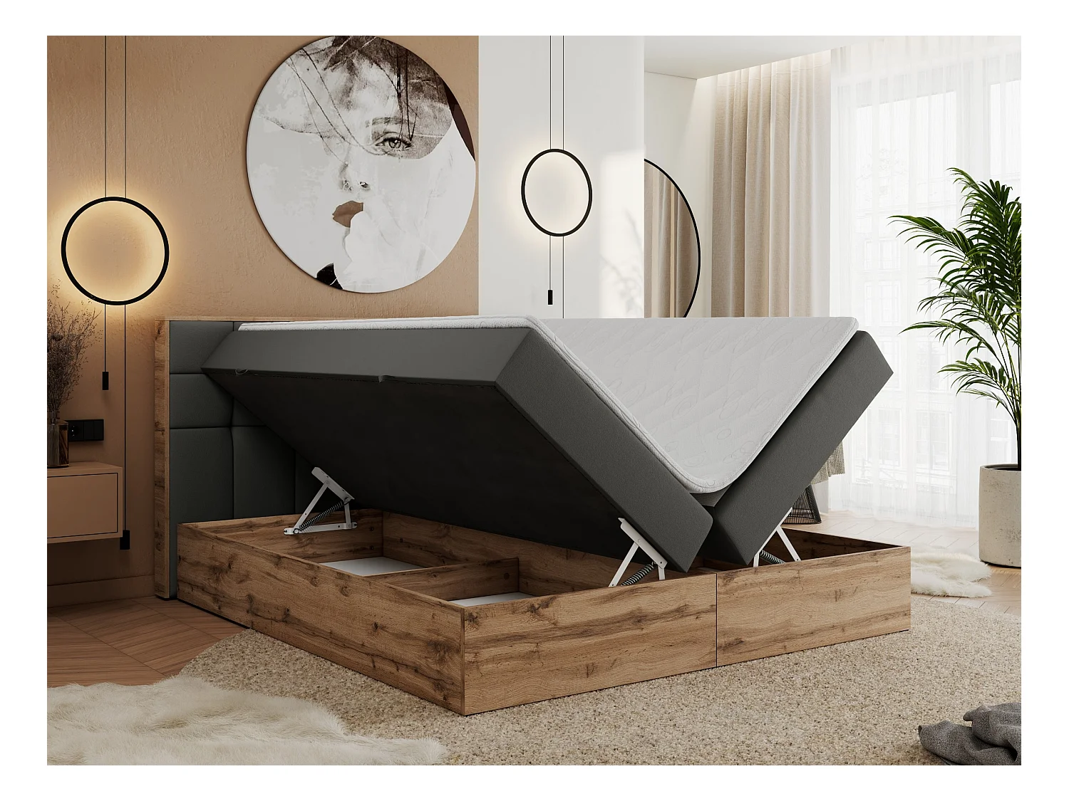 Boxspringbett ALBERO 1, Polsterbett mit gestepptem Kopfteil, Multipocket-Matratze - 160x200 cm - H4 - Dunkelgrau Kunstleder