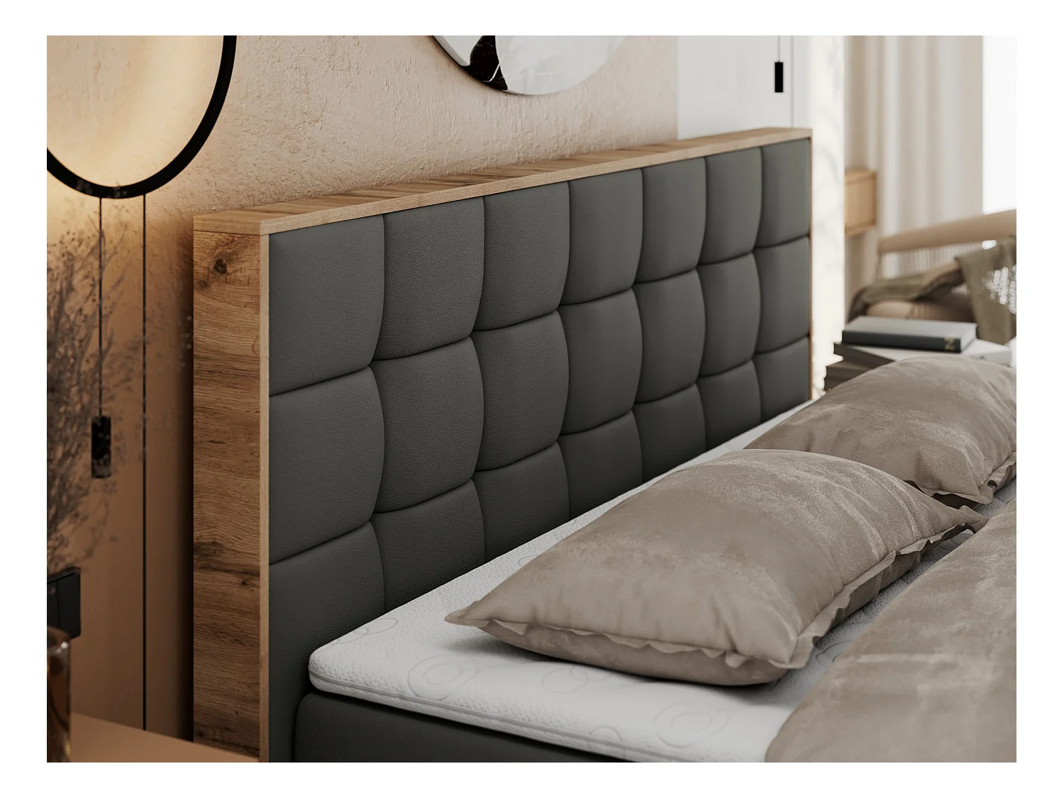 Boxspringbett ALBERO 1, Polsterbett mit gestepptem Kopfteil, Multipocket-Matratze - 160x200 cm - H4 - Dunkelgrau Kunstleder