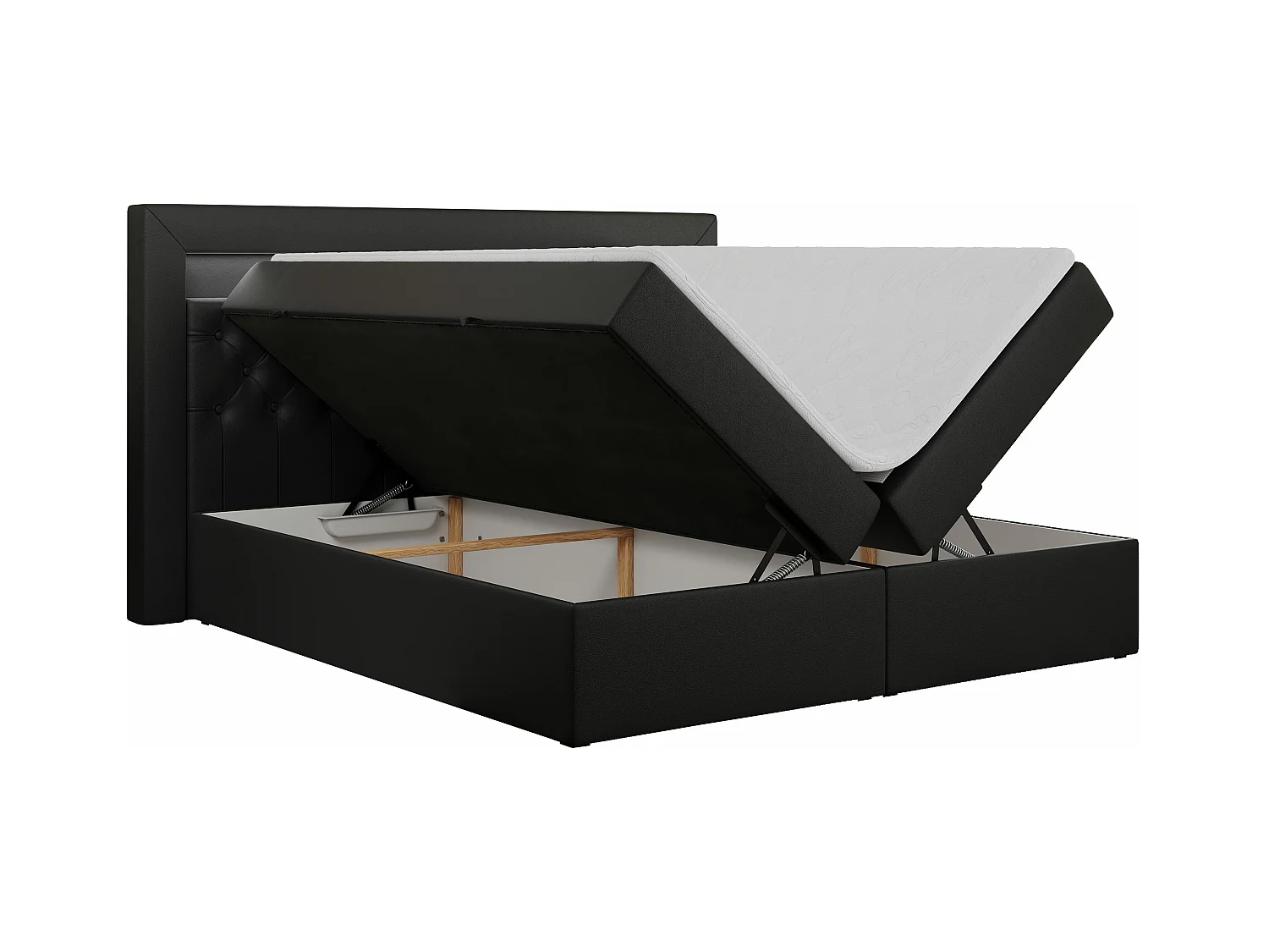 Boxspringbett GOLD 6, Doppelbett mit Stauraum, LED-Beleuchtung, gesteppte Kopfstütze - 160x200 cm - H4 - Schwarz Kunstleder