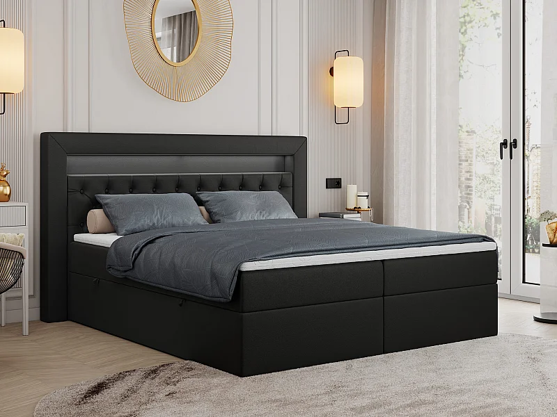 Boxspringbett GOLD 6, Doppelbett mit Stauraum, LED-Beleuchtung, gesteppte Kopfstütze - 160x200 cm - H4 - Schwarz Kunstleder